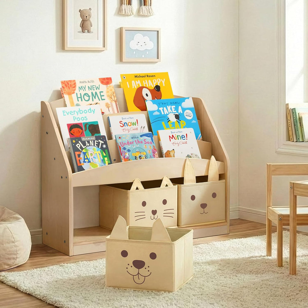 OOOK 3-Tier Kids Bookshelf with 3 Removable Fabric Storage Bins, Front Facing Toddler Montessori Bookshelf, Wooden Bookshelves for Kidsroom, Classroom, Playroom, Nursery