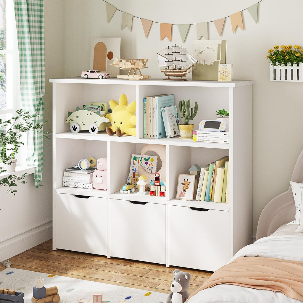 Teckid 2-in-1 Kids Bookshelf and Toy Storage Organizer, Kids Storage Cabinet with 5 Open Cubbies and 3 Rolling Drawers, Multifunctional Toy Chest for Playroom Bedroom Living Room, White