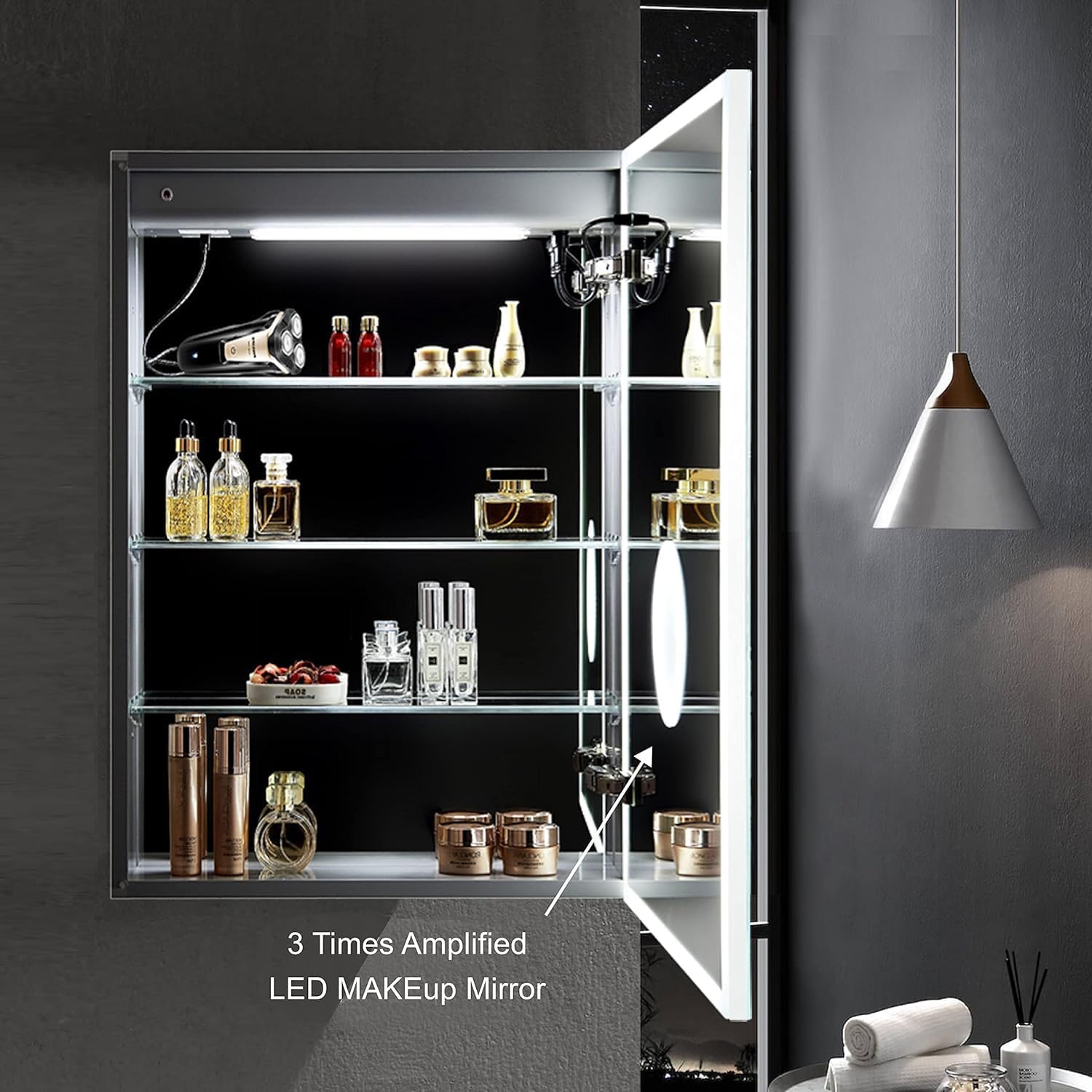 Blossom LED Lighted Mirror Medicine Cabinet, 20x32 Inch, Right Hinge, Recessed/Surface Bathroom LED Medicine Cabinet with Mirror, Defogger, Adjustable Brightness, 3X Makeup Mirror, Outlets & USB Ports