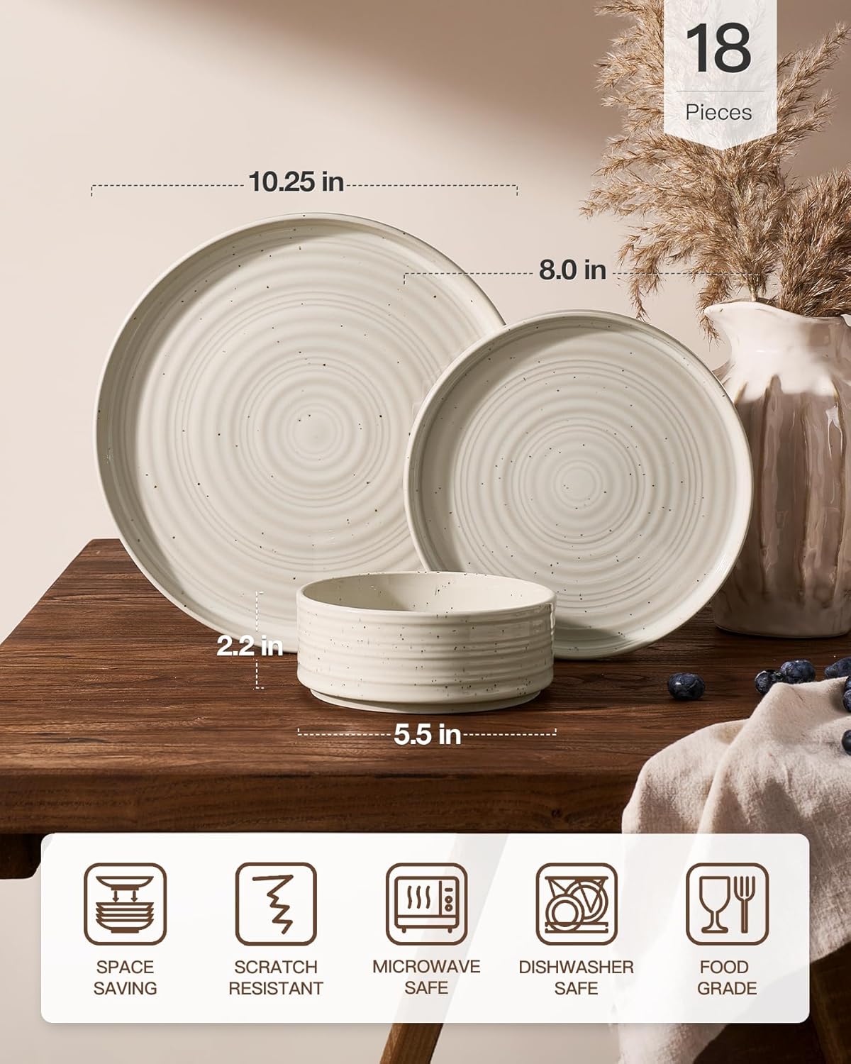 18-Piece Stoneware Dinnerware Set – High Edge Plates and Bowls with Reactive Glaze, Speckles & Spirals, Scratch Resistant Dishes, Dishwasher Safe, Service for 6, Gift Box, Shell Beige
