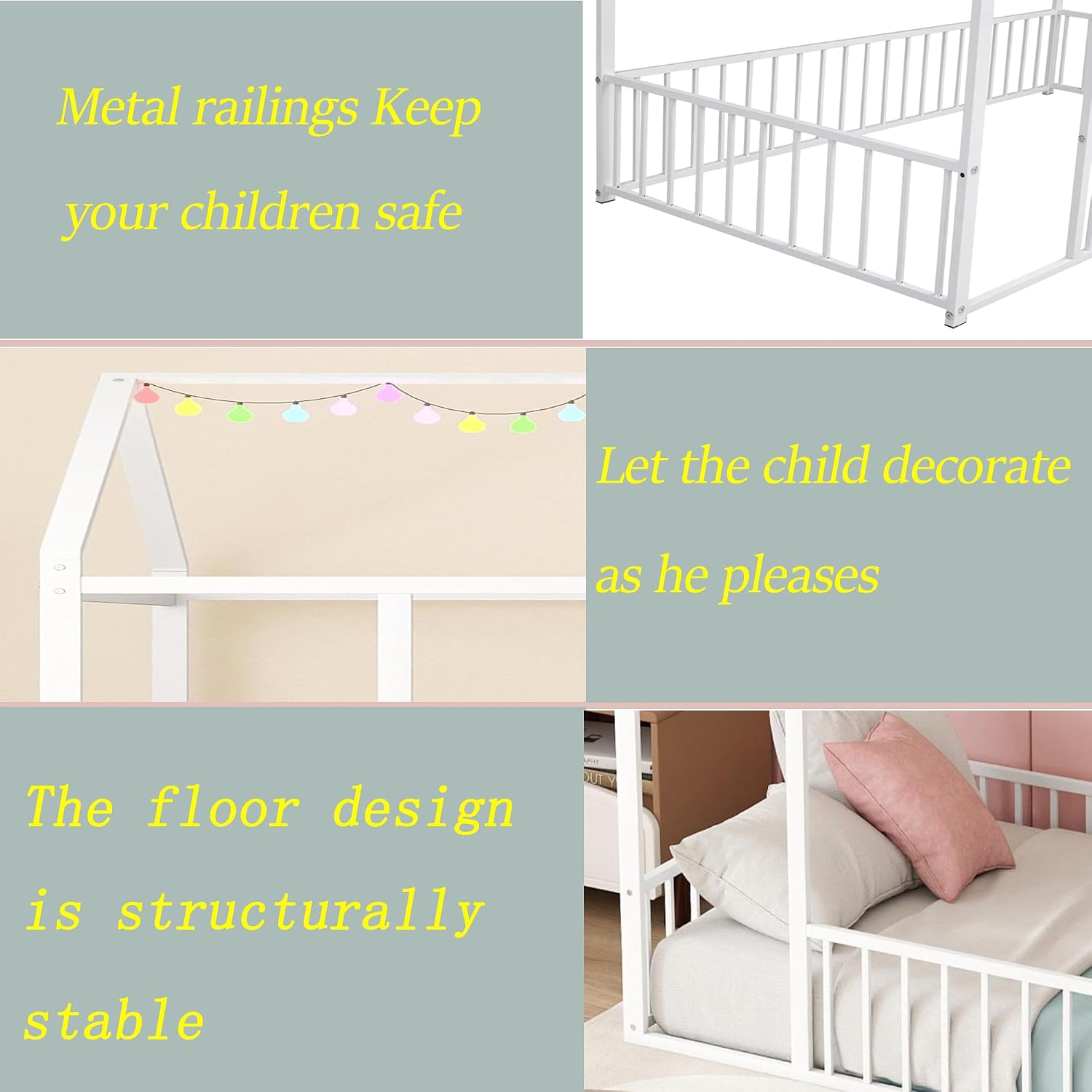 Bellemave Twin Floor Bed Frame, Metal Montessori Floor Bed Twin with Fence for Boys Girls Bedroom Playhouse for Kids No Slat, Easy Assembly House Shaped Floor Beds White