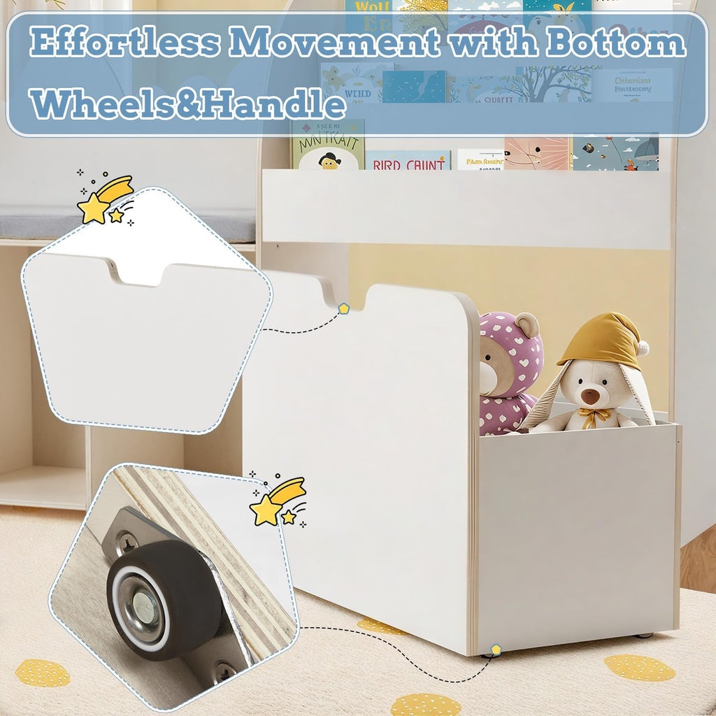 67' Kids Reading Nook with Bench, Children Toy Storage Organizer with Seat Cushion, 6 Storage Cubbies, Movable Drawers,Kid Bookshelf and Bookcase for Playroom, Bedroom, School, Ivory White