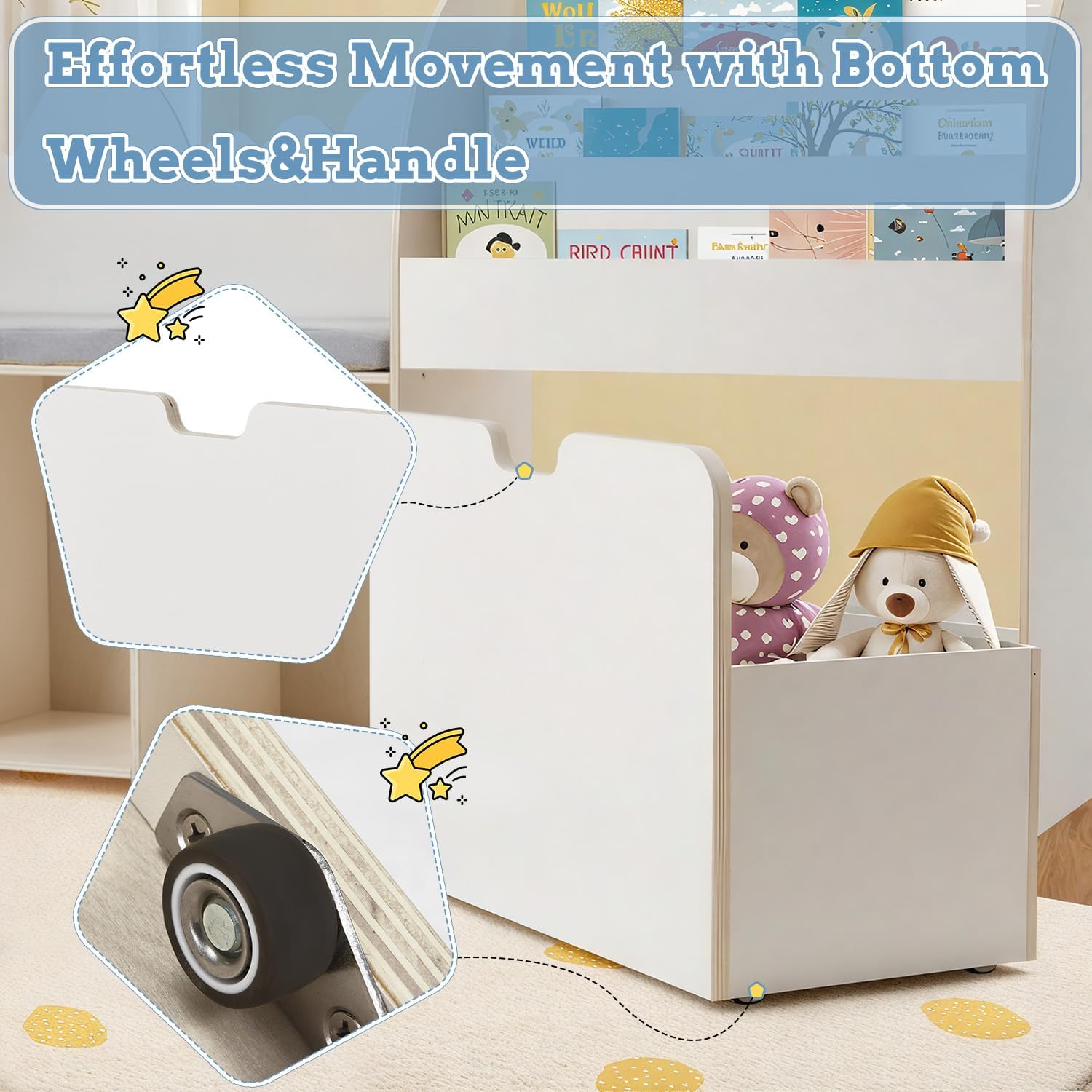 67' Kids Reading Nook with Bench, Children Toy Storage Organizer with Seat Cushion, 6 Storage Cubbies, Movable Drawers,Kid Bookshelf and Bookcase for Playroom, Bedroom, School, Ivory White