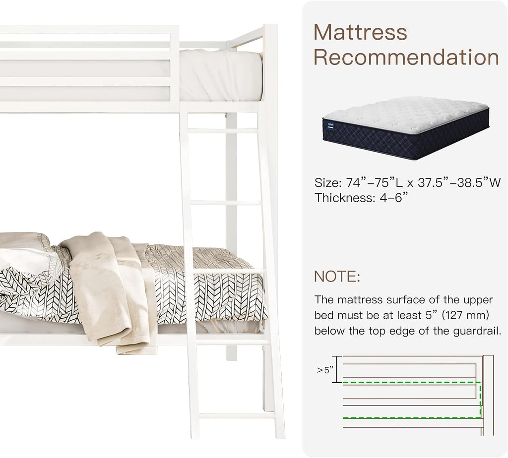 ikalido Metal Loft Bunk Bed Twin Over Twin Size with Safety Guardrail and Ladder, No Box Spring Needed Space Saving Bedroom Furniture, Cream White