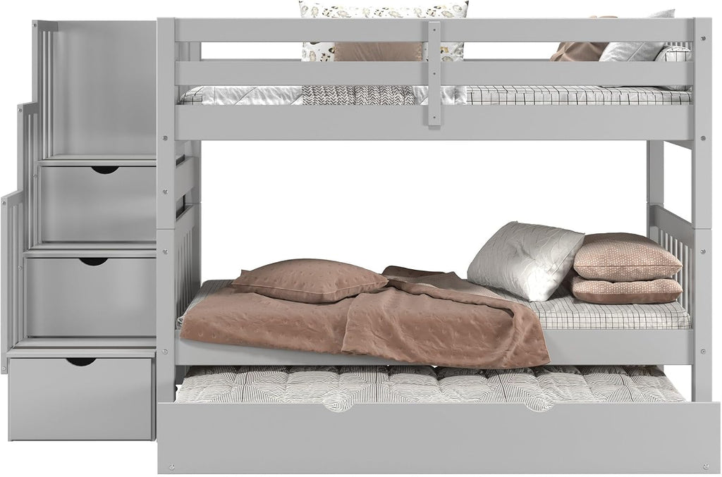 Bedz King Stairway Bunk Beds Twin Over Twin, 3 Step Drawers and a Twin Trundle, Gray
