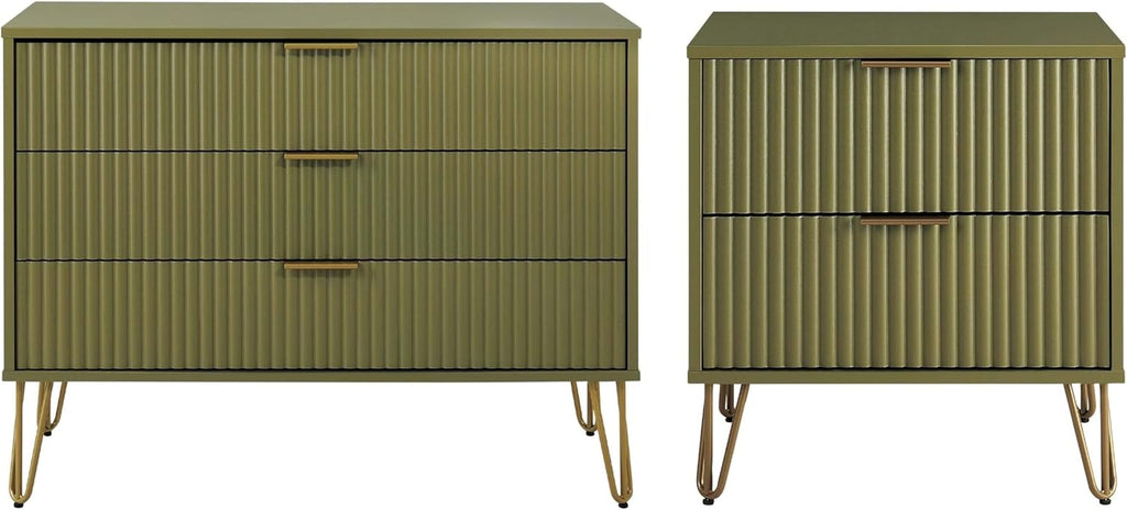 Manhattan Comfort Dumbo 2 Piece Dresser & Nightstand Set, Fluted Night Stand with Hairpin Gold Metal Legs & 3-Drawer Dresser, No Tool Assembly, Storage Cabinet for Bedroom, Living Room in Olive Green