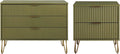 Manhattan Comfort Dumbo 2 Piece Dresser & Nightstand Set, Fluted Night Stand with Hairpin Gold Metal Legs & 3-Drawer Dresser, No Tool Assembly, Storage Cabinet for Bedroom, Living Room in Olive Green