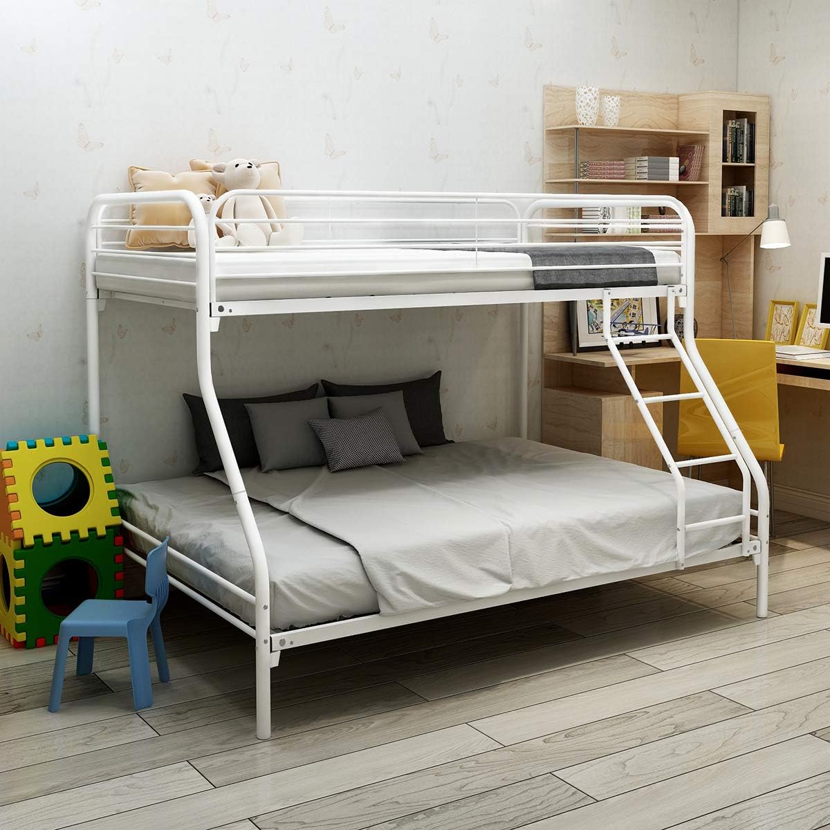 Twin-Over-Full Metal Bunk Bed with Enhanced Upper-Level Guardrail,Classic Bedroom Double Bed Frame w/Slats Support and Inclined Ladder,Easy Assembly,for Kid Adult Boy Girl Teen,White