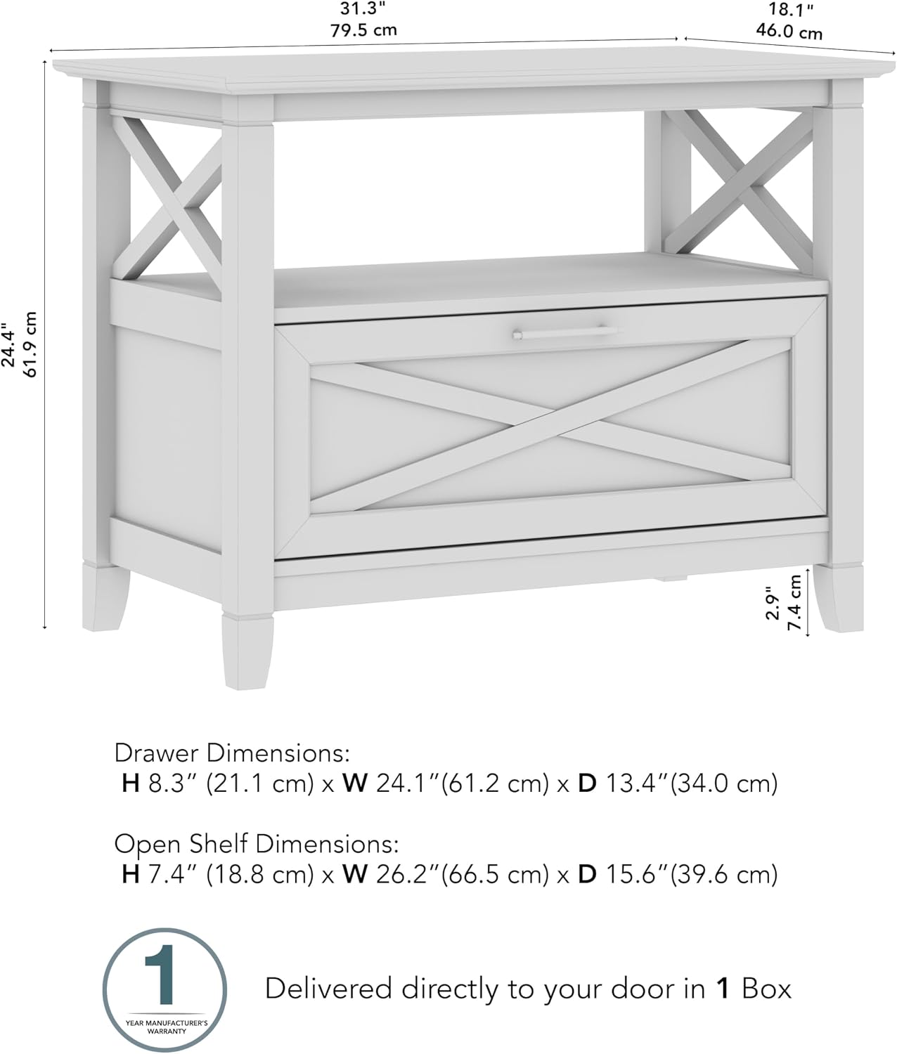 Bush Home 32-Inch Nightstand with Drawer, Farmhouse X Design Bedside Table for Bedroom and Living Room Storage and Organization, Small End Table Furniture, Key West Collection, Washed Gray
