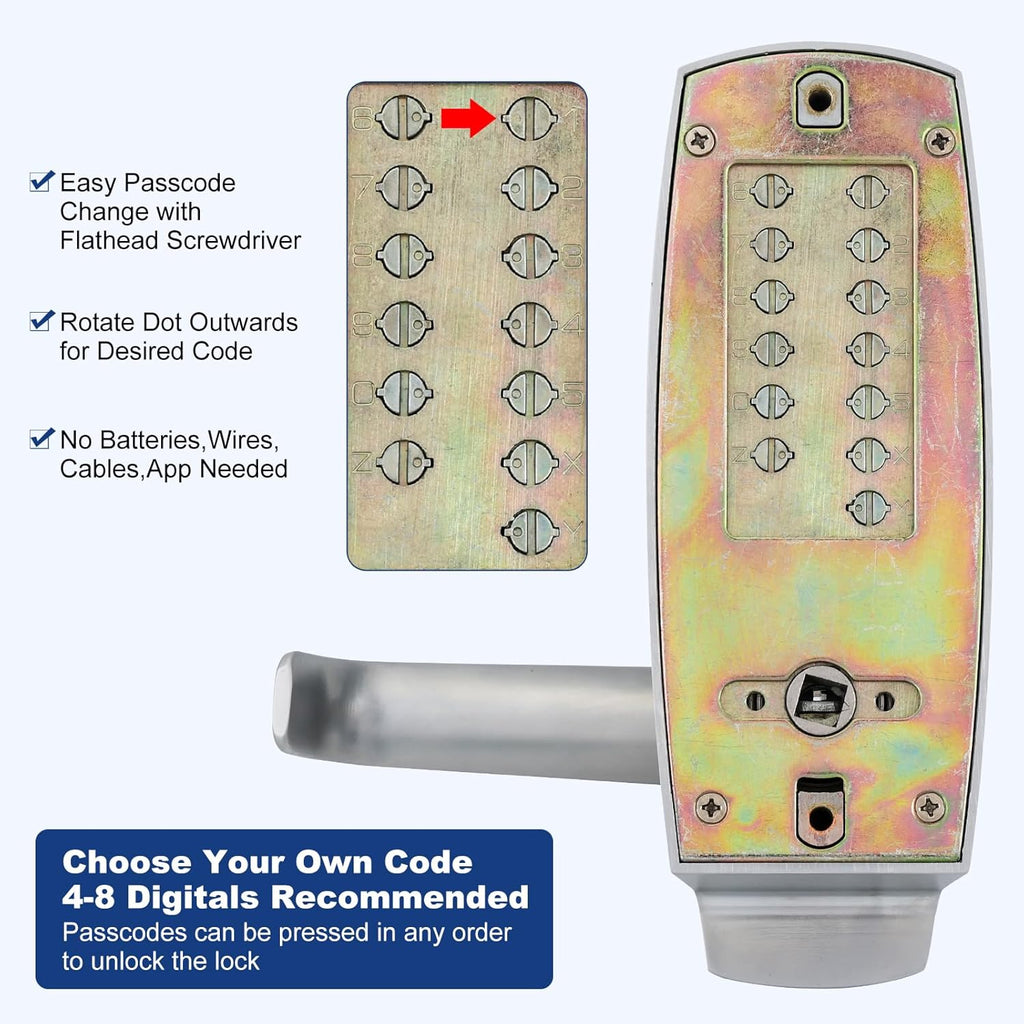 Mechanical Keypad Door Lock with Keys, Single Sided Combination Code Handle, Hold Open Lever, Fits 60 & 70mm Latch, Brushed Nickel for Front Gate Garage Warehouse Office Rental