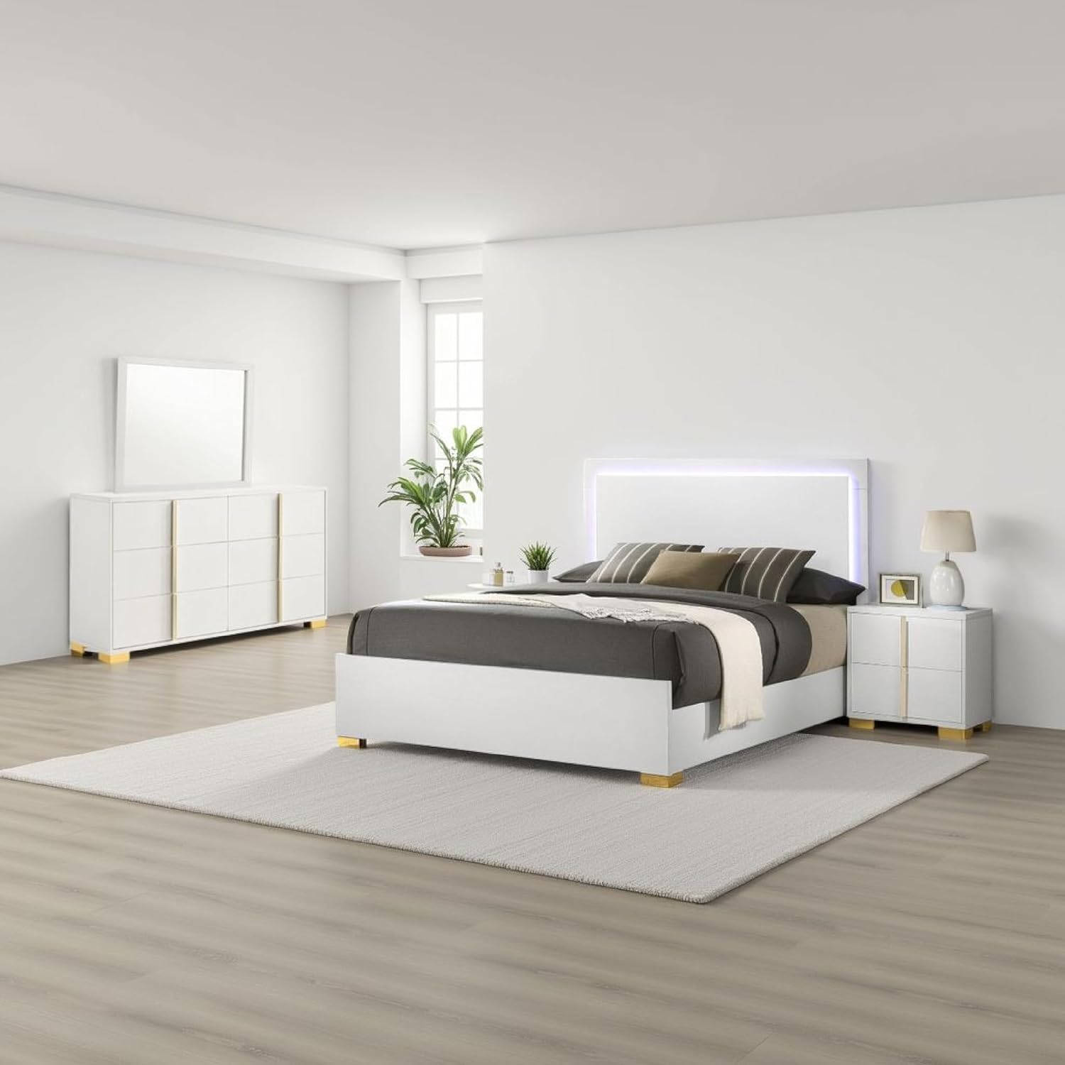 Benjara Dex 4 Piece Full Bedroom Set- White/Gold Accents- LED Headboard