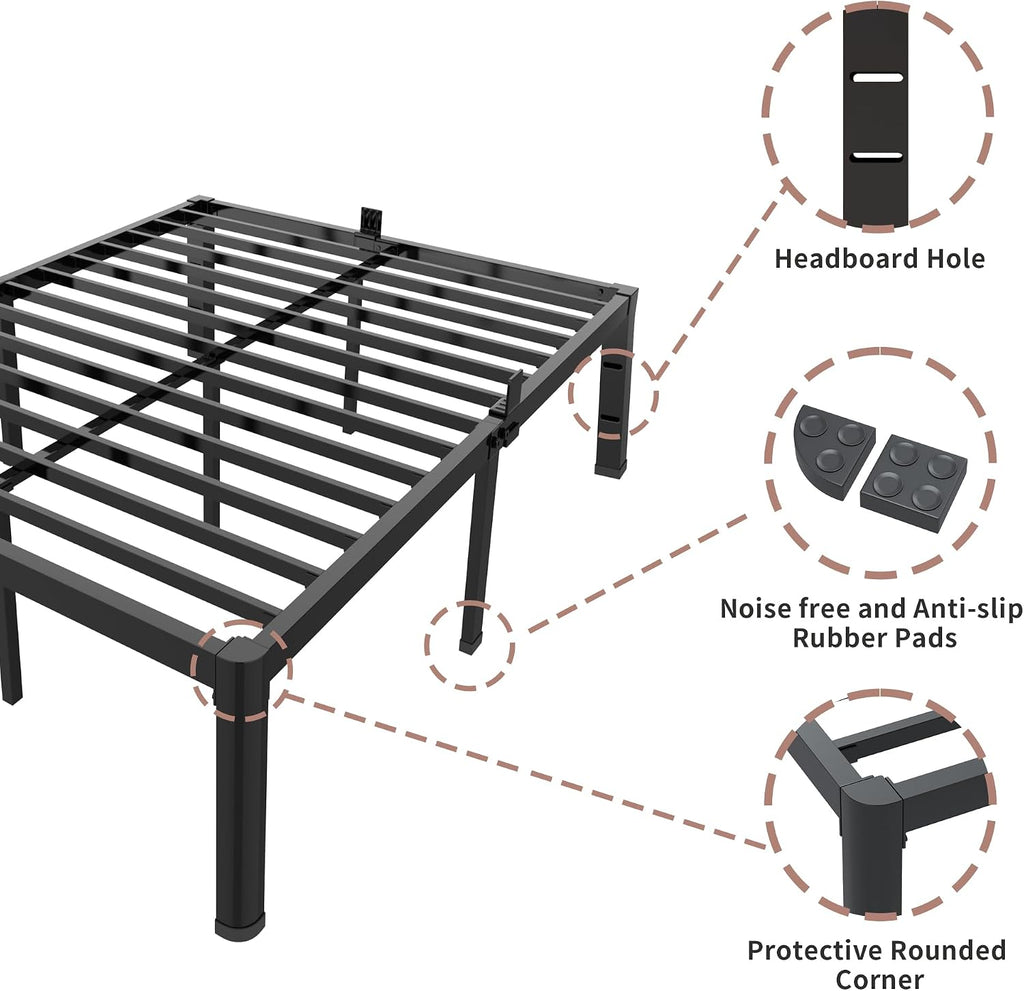 ROIL 16 Inch King Bed Frame with Rounded Corner and Headboard Hole Mattress Retainers 3500LBS Metal Heavy Duty Steel Slats No Box Spring Needed Platform Noise-Free Easy Assembly