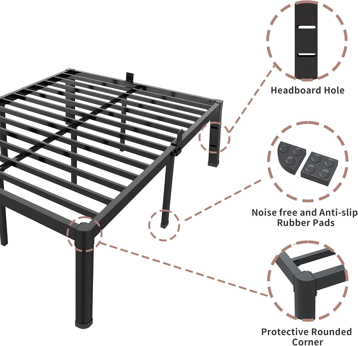 ROIL 16 Inch King Bed Frame with Rounded Corner and Headboard Hole Mattress Retainers 3500LBS Metal Heavy Duty Steel Slats No Box Spring Needed Platform Noise-Free Easy Assembly