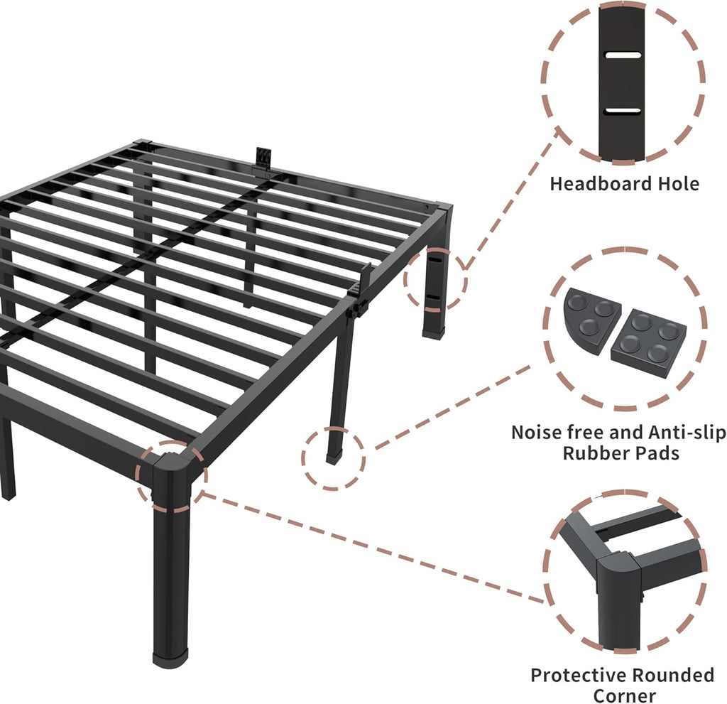 ROIL 20 Inch Queen Bed Frame with Rounded Corner and Headboard Hole Mattress Retainers 3500LBS Metal Heavy Duty Steel Slats No Box Spring Needed Platform Noise-Free Easy Assembly