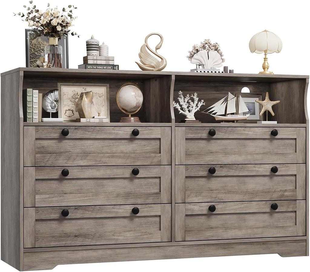 Garvee 6 Drawer Dresser for Bedroom, with RGB LED Lights & Power Outlet, 55' Wide Chests of Drawers Dresser TV Stand for 55 Inch TV, for Closet, Living Room, Entryway