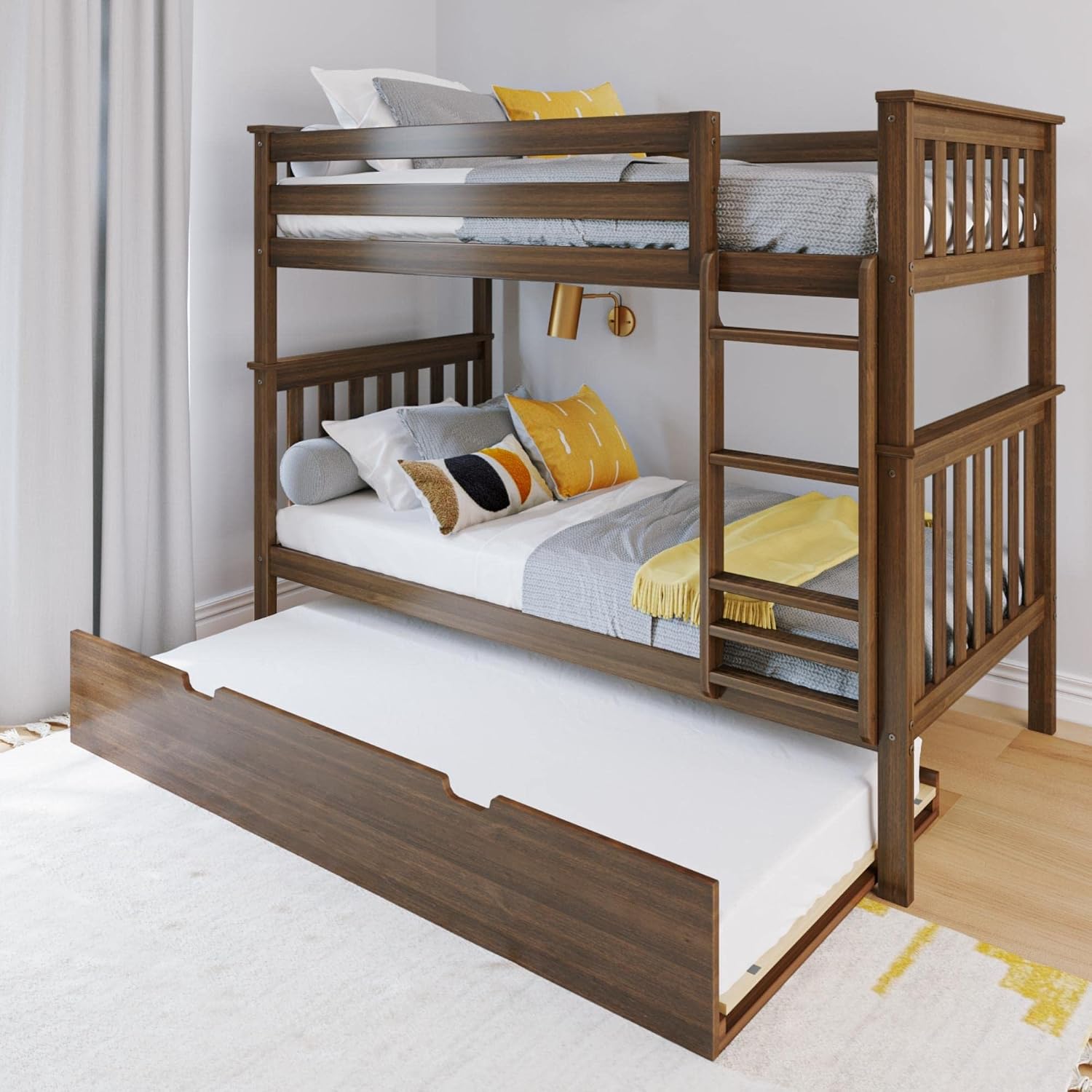 Max & Lily Bunk Bed, Twin-Over-Twin Bed Frame for Kids with Trundle, Walnut