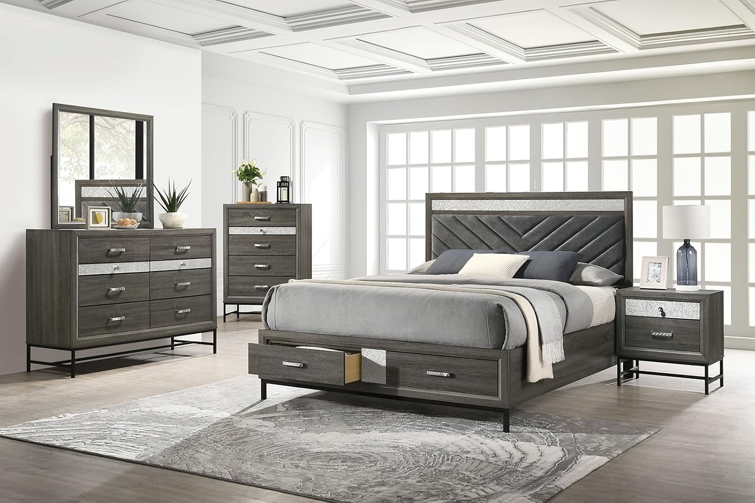 MASARA Contemporary 3-Piece Bedroom Set with Storage Footboard, Gray, Fabric Padded Headboard, Metal Legs, Crystal Acrylic Accents, Available in Queen/King/Full Sizes, Bed with 2 Nightstands (Full)