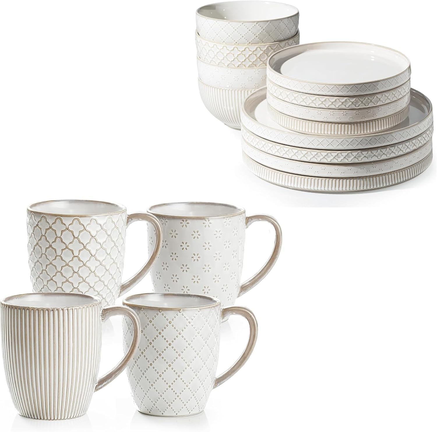 Getstar Dinnerware Sets, Plates and Bowls Sets (10.5' Dish + 8' Dish + 6' Bowl) for 4, Microwave and Dishwasher Safe, 12 PCS Ceramic Dinnerware Sets (Dinnerware Set (with Mug, 16 Piece))