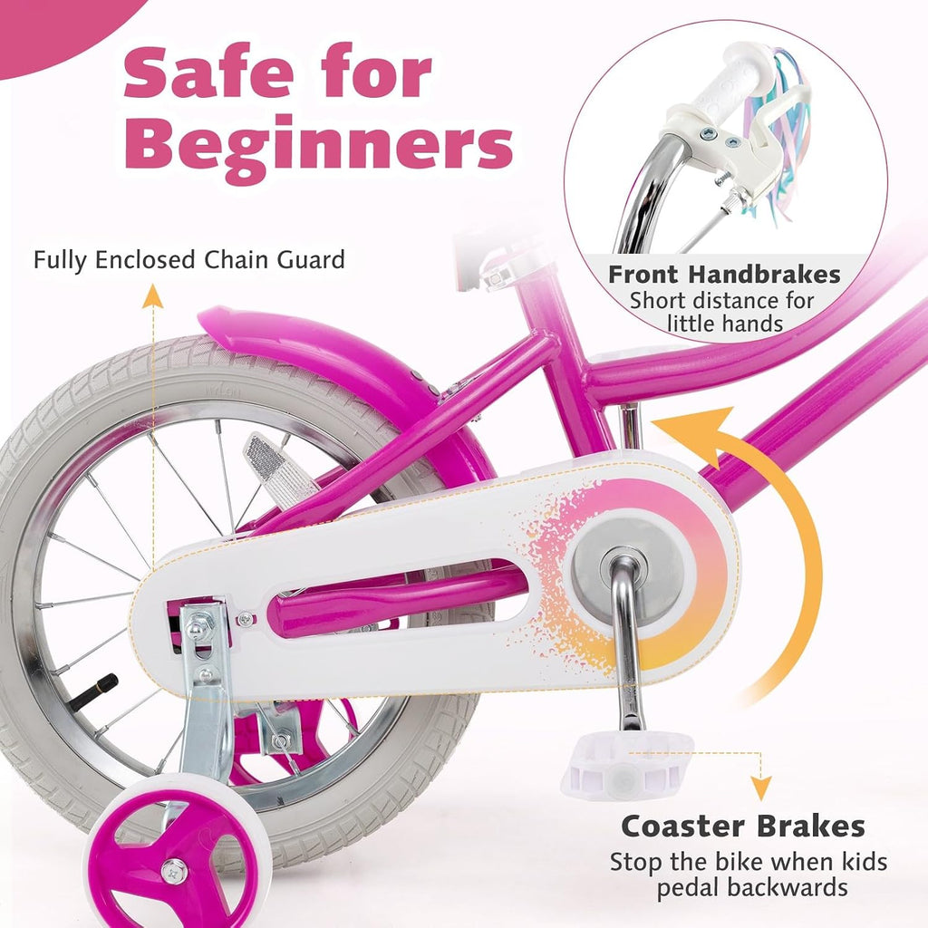 HONEY JOY Kids Bike, 12 14 16 18 Inch Girls Bike w/Training Wheels, Doll Seat, Streamers, Handbrake & Coaster Brake, Fully Enclosed Chain, Princess Style Children Bicycle, Gift for Girls 3-8