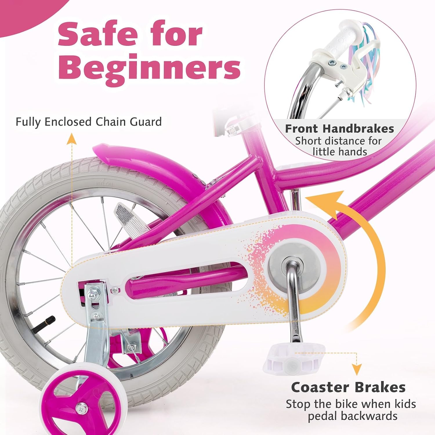 HONEY JOY Kids Bike, 12 14 16 18 Inch Girls Bike w/Training Wheels, Doll Seat, Streamers, Handbrake & Coaster Brake, Fully Enclosed Chain, Princess Style Children Bicycle, Gift for Girls 3-8