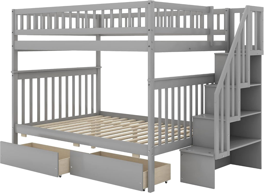 Harper & Bright Designs Full Over Full Stairway Bunk Bed with Two Drawers and Storage, Solid Wood Full Bunk Bed, No Box Spring Required（Grey）