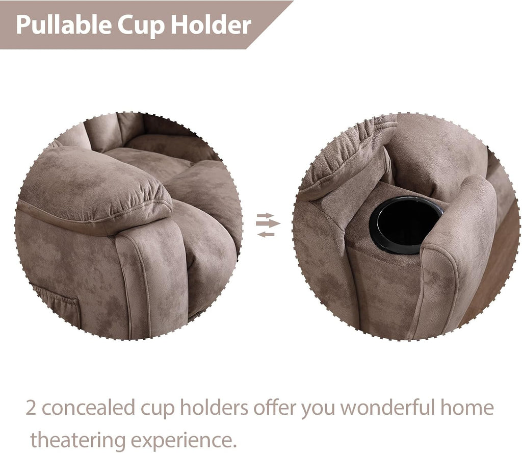 EBELLO Manual Recliner Chair with Massage and Heat, Soft Fabric Massage Recliner for Adults with Hidden Cup Holders, Side Pocket, Overstuffed Single Reclining Sofa for Living Room, Brown