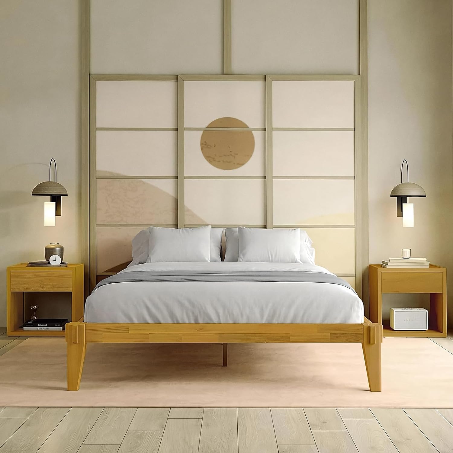 Bme Chalipa 14' King Bed Frame - Solid Wood Platform Bed - Japanese Joinery Bed Frame - Wood Slat Support - No Box Spring Needed - Easy Assembly - Minimalist & Modern Style, Golden Natural