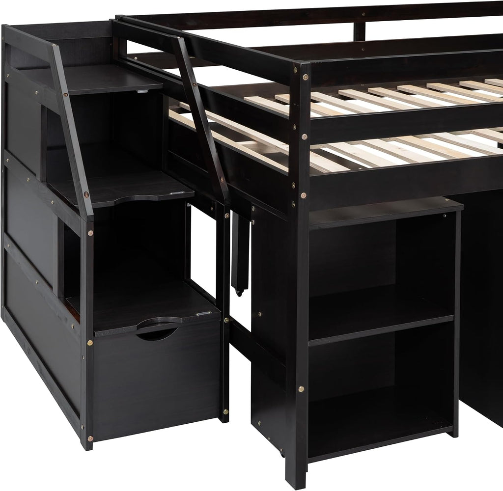 Full Size Loft Bed with Retractable Writing Desk, Wooden Loft Bed with 3 Drawers and Shelves, Storage Stairs, Versatility Low Loft Bed Storage Bed for Kids Boys Girls Bedroom (Espresso,Storage Stairs)