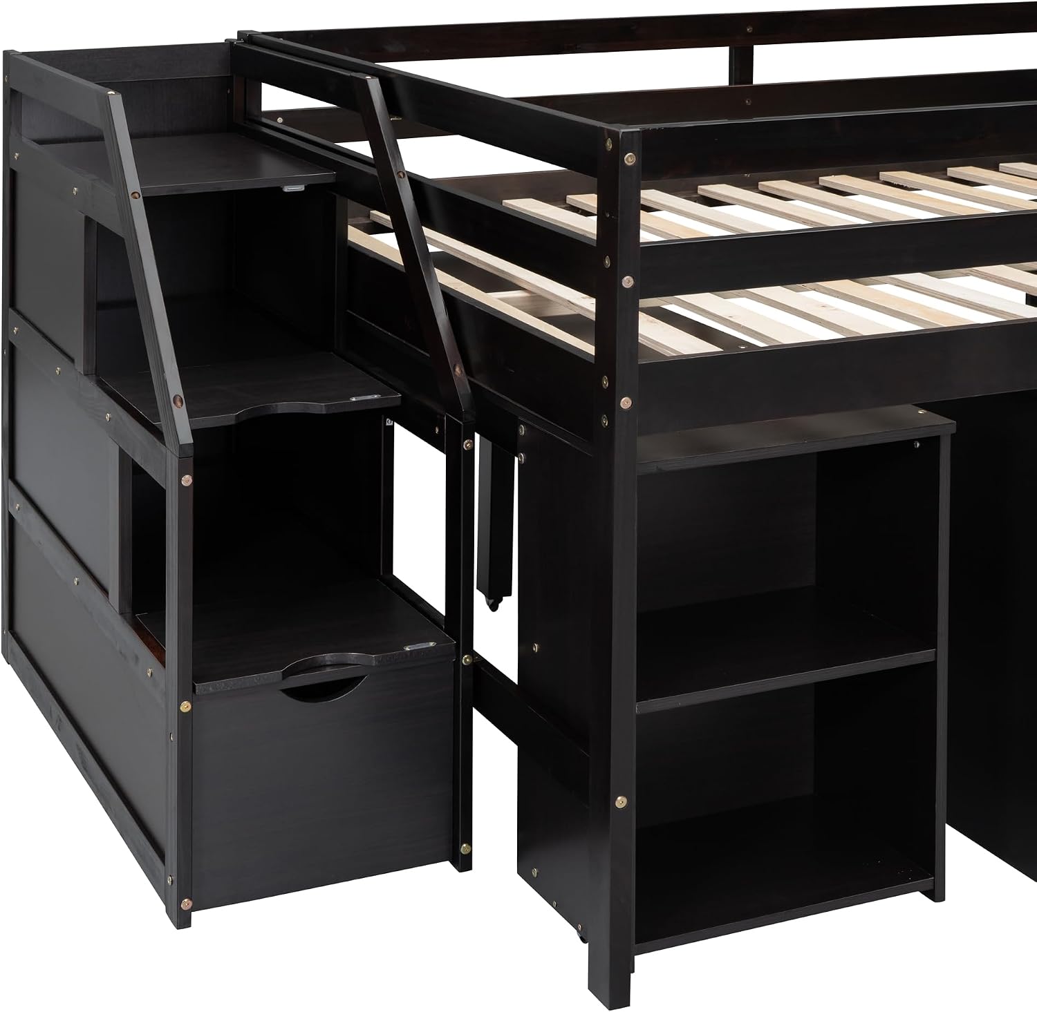 Full Size Loft Bed with Retractable Writing Desk, Wooden Loft Bed with 3 Drawers and Shelves, Storage Stairs, Versatility Low Loft Bed Storage Bed for Kids Boys Girls Bedroom (Espresso,Storage Stairs)