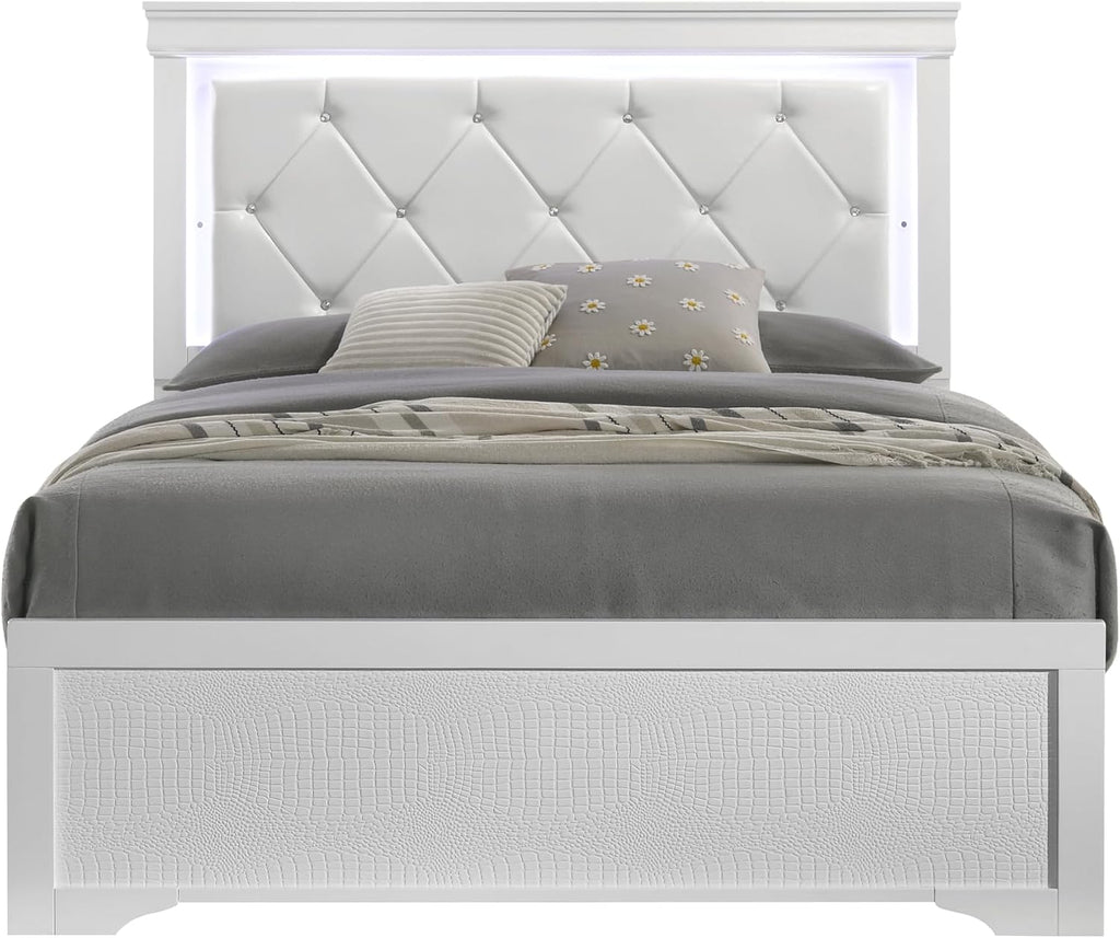 Upholstered Modern Style 4 Pc Full Bedroom Set with LED Headboard Made with Wood in White