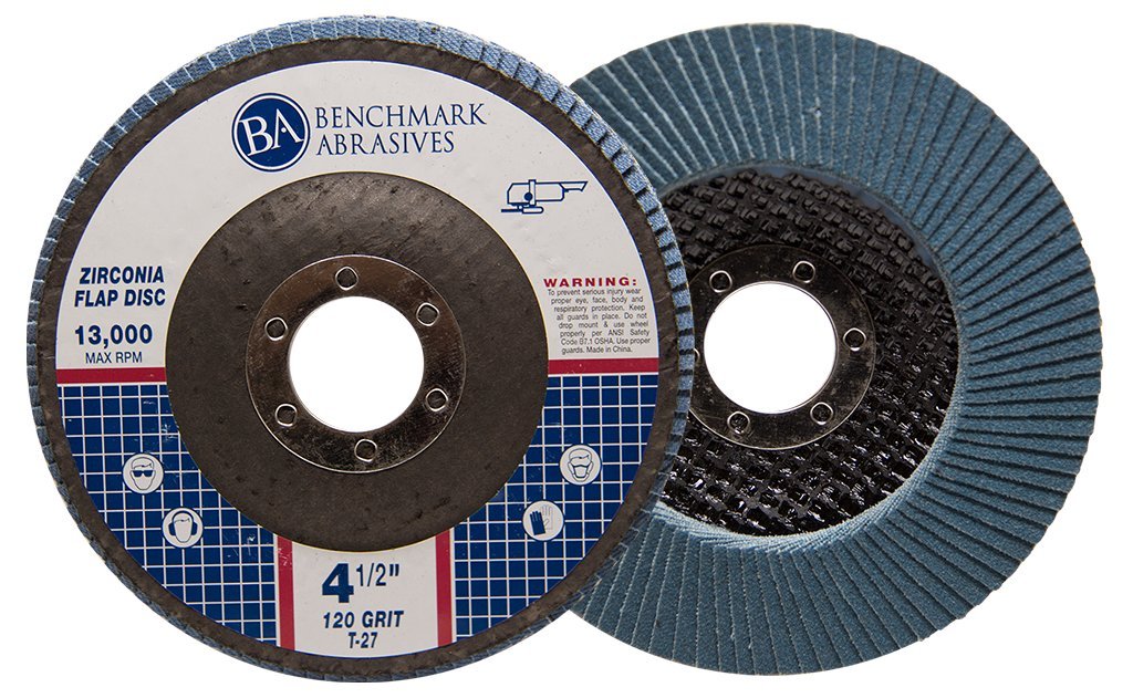 Benchmark Abrasives 4.5' x 7/8' Premium Zirconia T27 Flat Flap Discs 4 1/2 for Angle Grinder Sanding Discs, Finishing Grinding Wheels 4 1/2 Inch for Sanding Stock Rust Removal (100 Pack) - 120 Grit