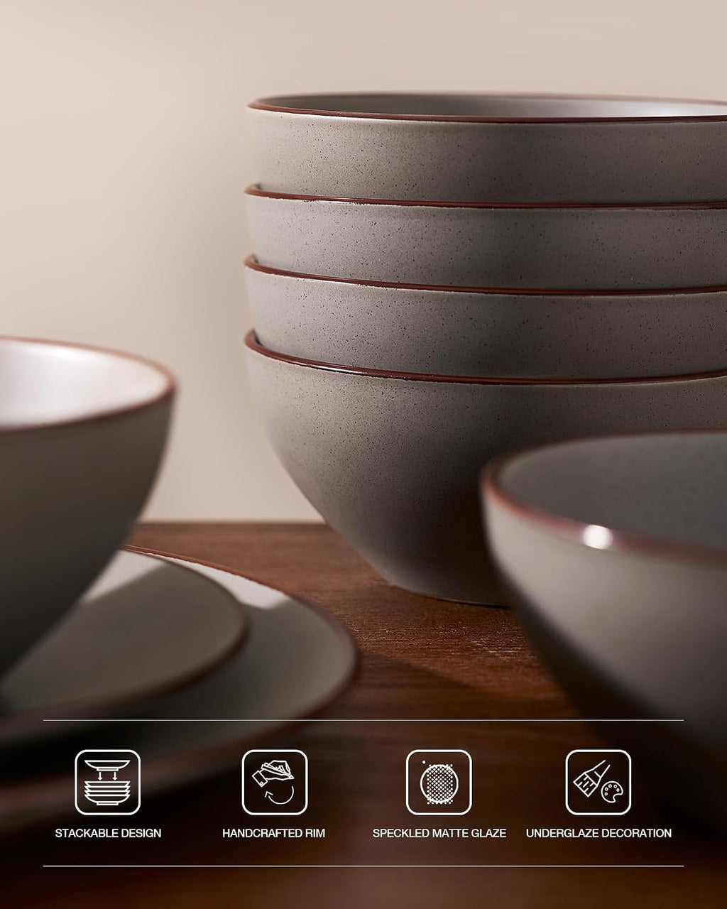 Famiware Venus Stoneware Dinnerware Set with Pasta Bowls for 6, 24-Piece Speckled Plates and Bowls with Trim, Matte Dark Gray - Chip‑Resistant Dishes for Everyday/Formal Use, Microwave/Dishwasher Safe