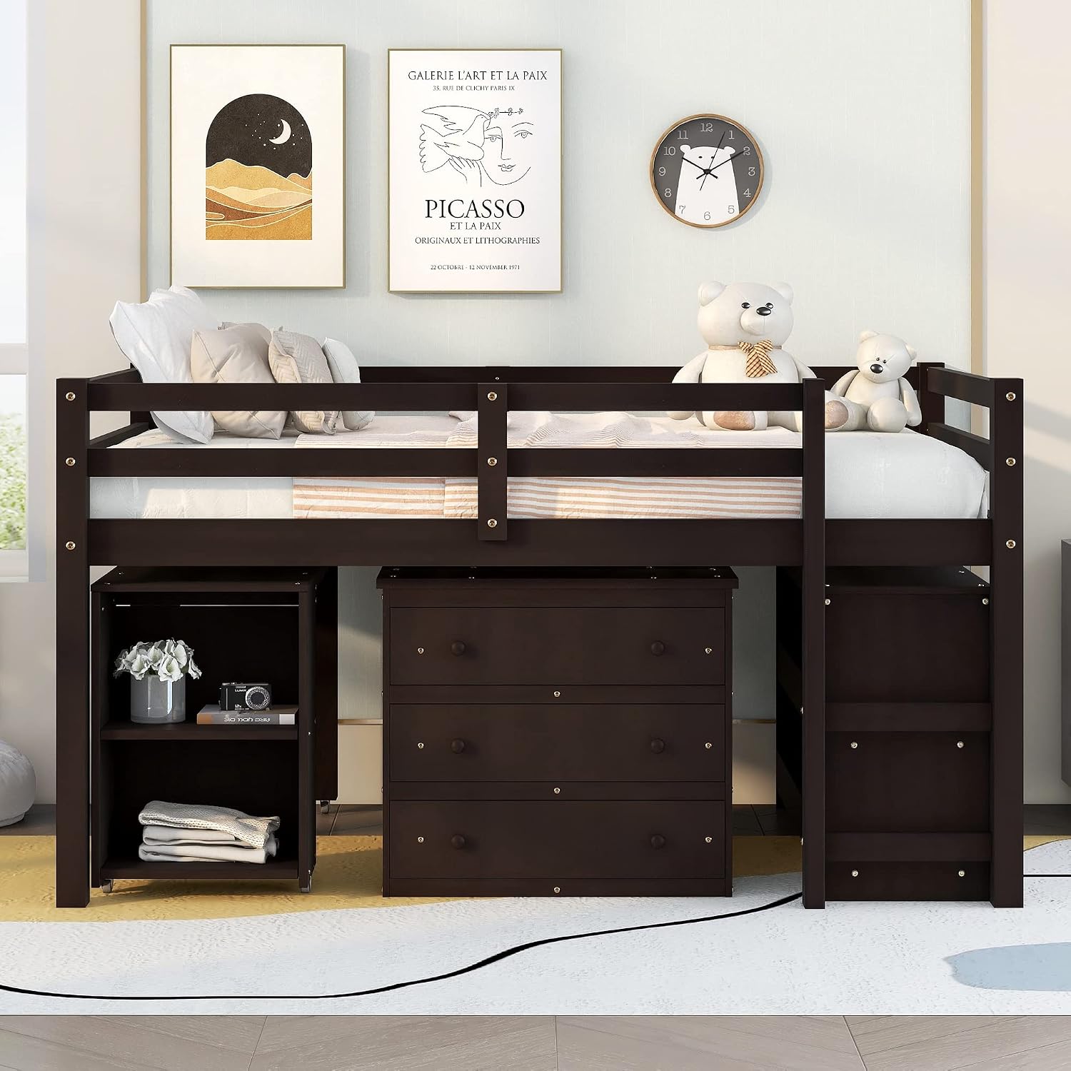 Full Size Low Loft Bed with Rolling Portable Desk, Wooden Loft Bed with Cabinet/Bookshelf/Drawers/Open Shelves for Kids Teens Adults, No Box Spring Required (Espresso-Full-Rolling Portable Desk)