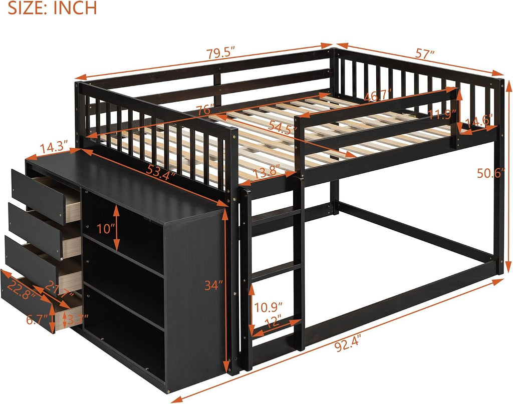 Merax Full Over Full Bunk Bed with 4 Storage Drawers and 3 Shelves, Wooden Floor Bunk Bedframe with Guardrail & Ladders, No Box Spring Needed, Easy Assembly