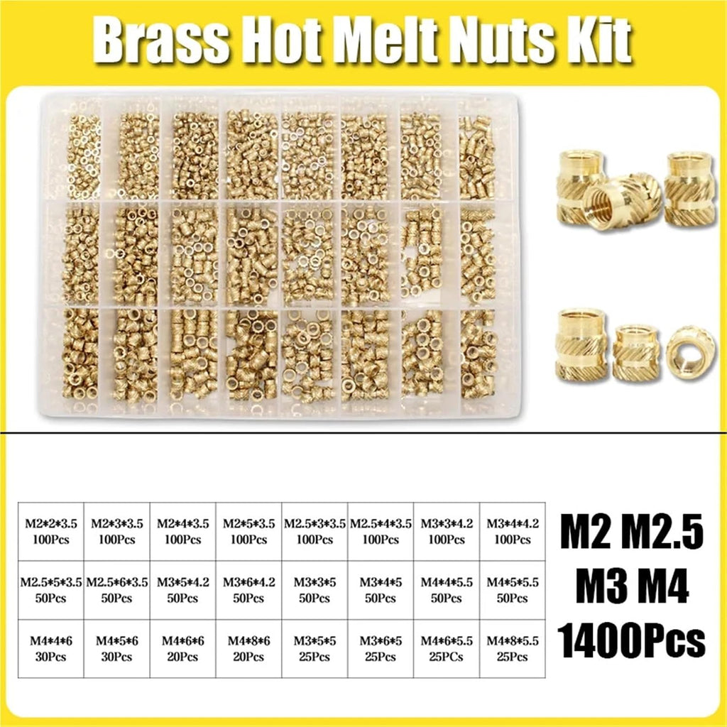 Versatile Hot Melt Brass Heat Insert Nut Iron Tip Embedded Heating Knurled Inserts Nuts 3D Printer Notebook(1400pcs M2-M4)