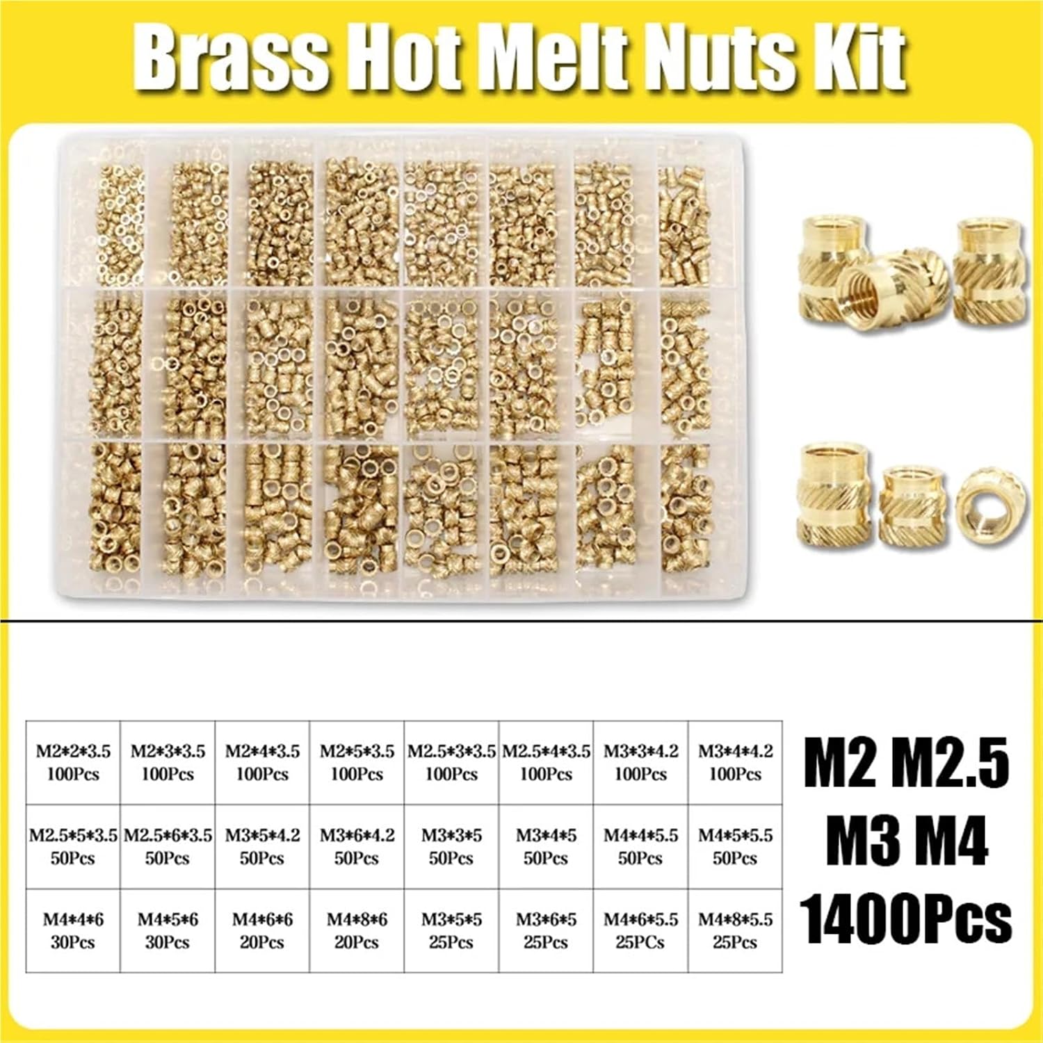 Durability Hot Melt Brass Heat Insert Nut Iron Tip Embedded Heating Knurled Inserts Nuts 3D Printer Notebook(1400pcs M2-M4)