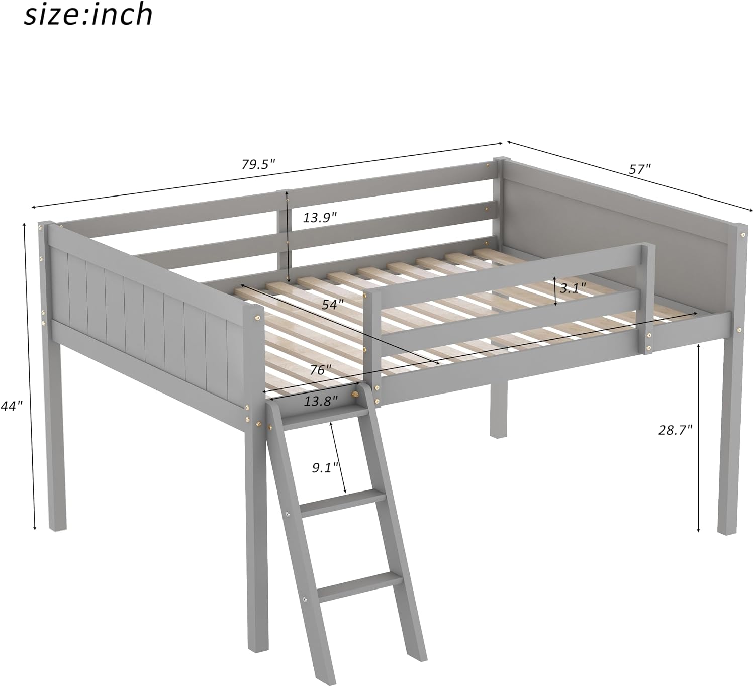 JIVOIT Full Size Low Loft Bed, Wooden Loft Bed with Convertible Ladder, Ladder can be Placed on The Left or Right, Full-Length Guardrails, No Box Spring Required (Gray & Convertible Ladder,Full)