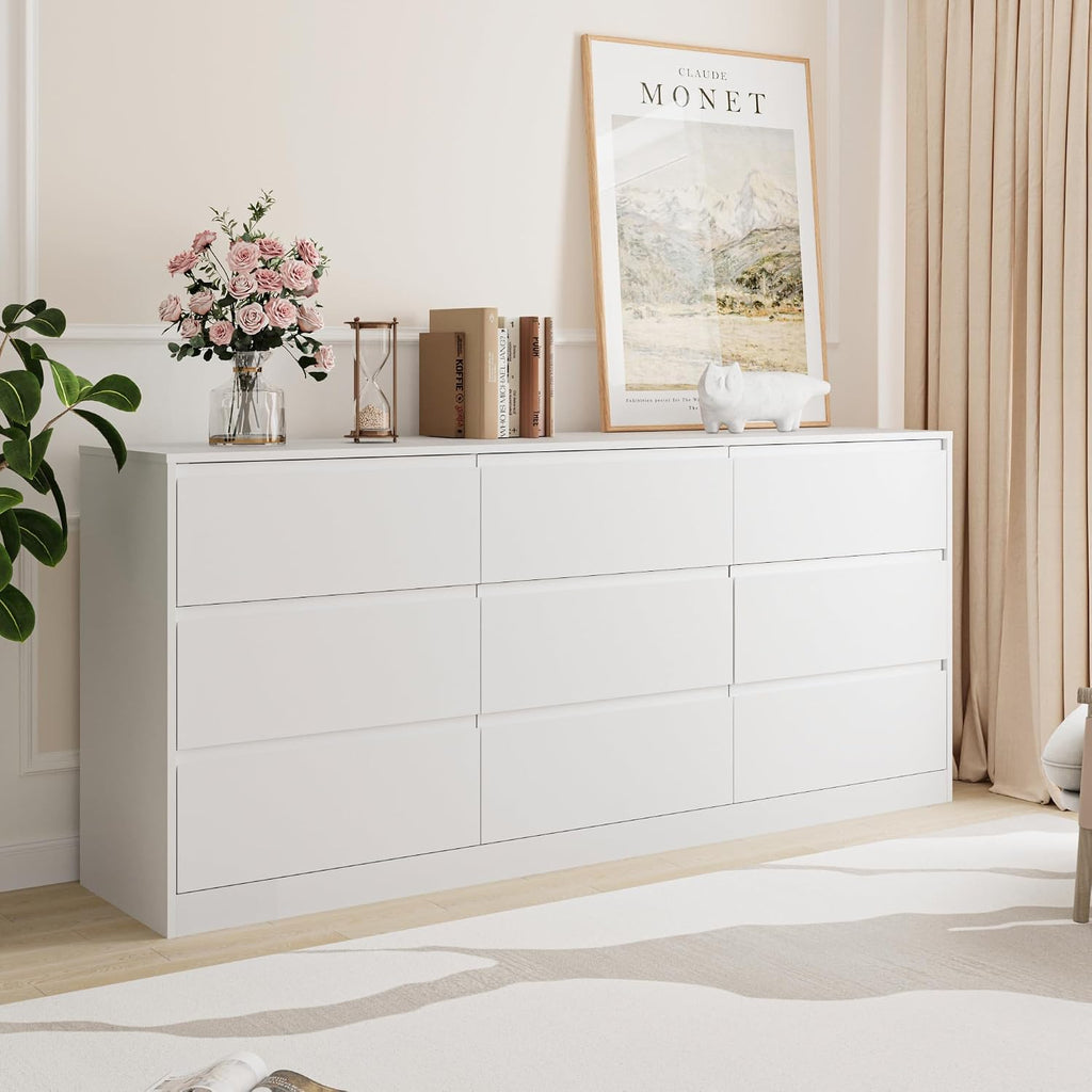 Bobve 70.9' Dresser for Bedroom with 9 Drawers, Large Modern Chest of Drawers with Deep Drawers, Wide Double Dresser Handle Free, Storage Organizer for Bedroom, Living Room, Hallway (White)