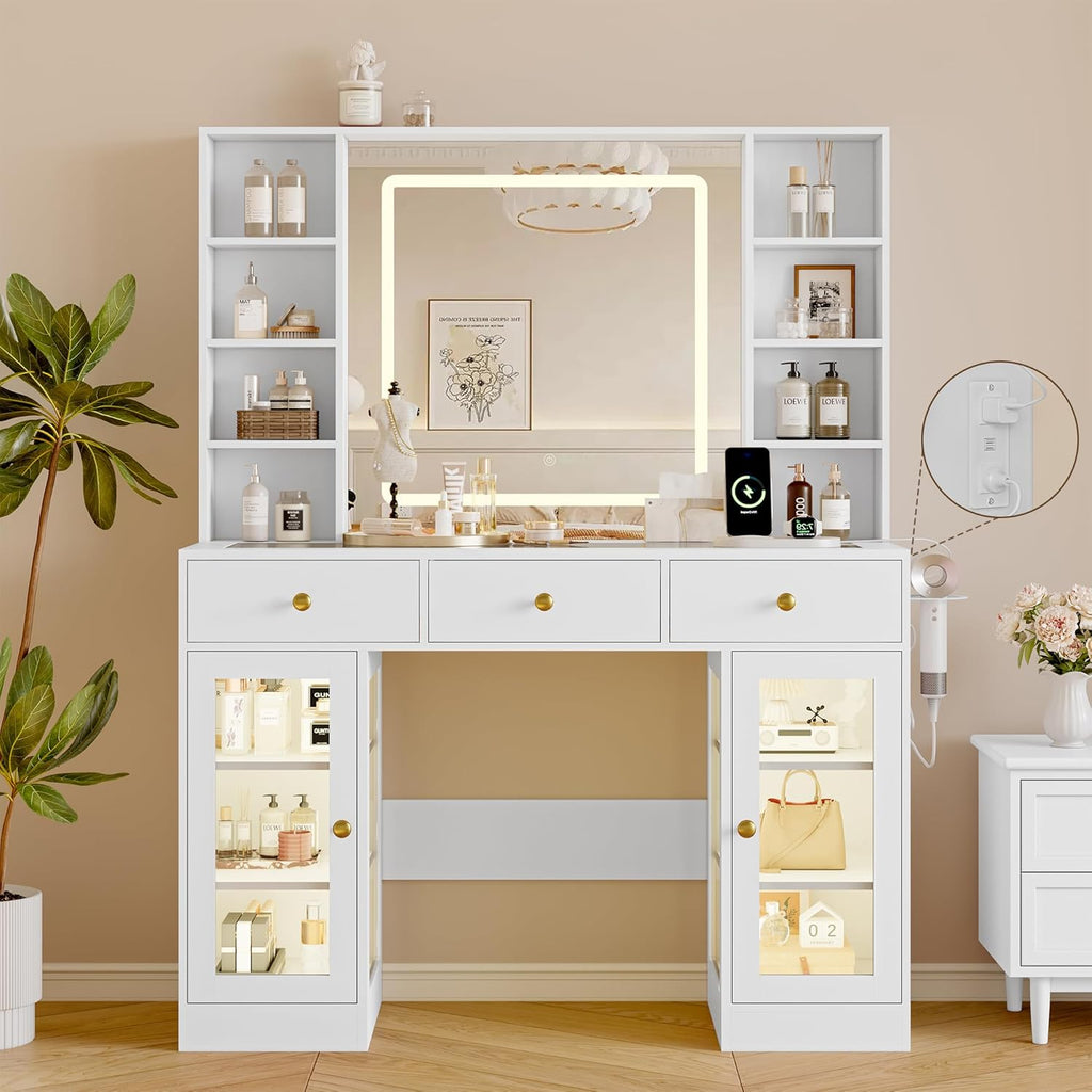 Makeup Vanity Desk with Mirror and Lights, 43' White Vanity with Glass Top, Jewelry Storage, 3 Drawers & Glass Cabinets, Power Outlet & Adjustable LED Lights, Dressing Table for Women & Girls Bedroom