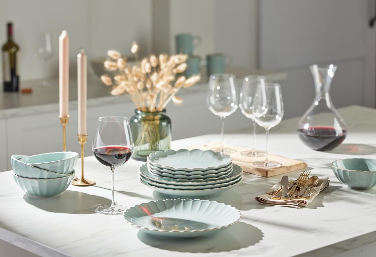 Lenox Dinnerware Set, French Perle Scallop Ice Blue 12-Piece Set, Service For 4, Stoneware, Dishwasher Safe, Microwave Safe, Plates and Bowls sets, Dish Set, Home And Kitchen (Ice Blue, 12 Piece)