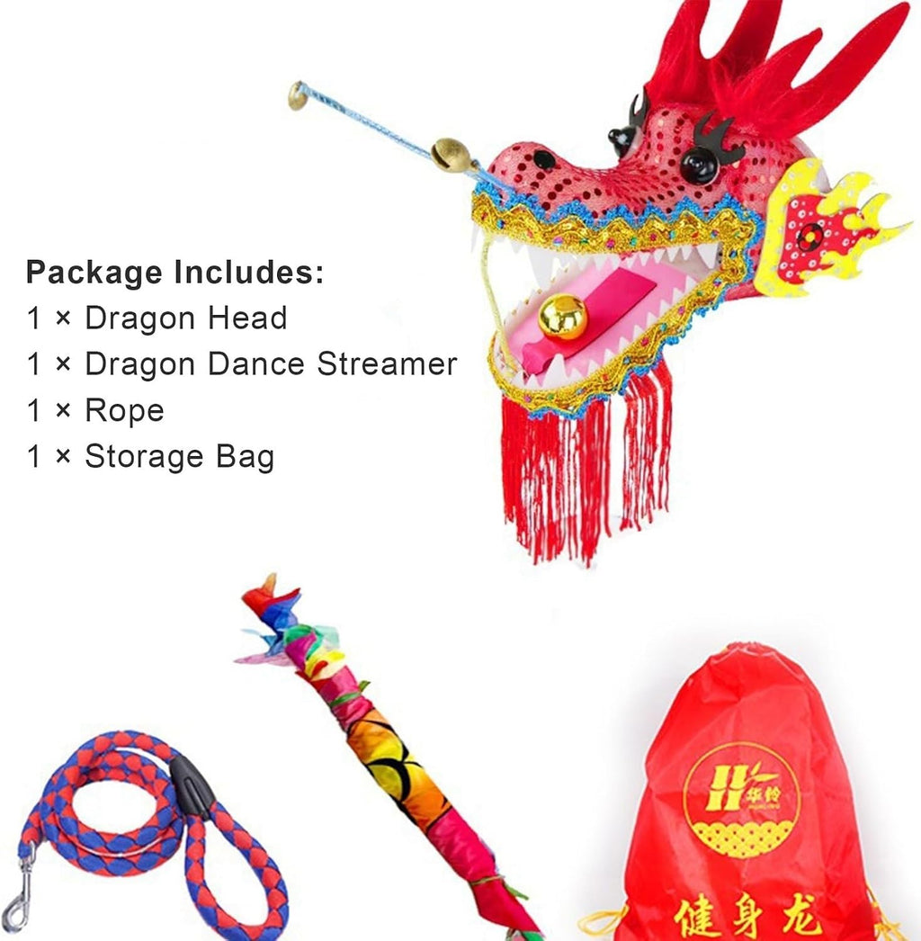 OVARIA Dragon Dance Fitness Ribbon 3D Dragon Head and Swing Rope Combo Chinese Wulong Flowy Ribbon Streamer Outdoor Fitness Dragon Stage Prop Set(Rainbow,33ft)