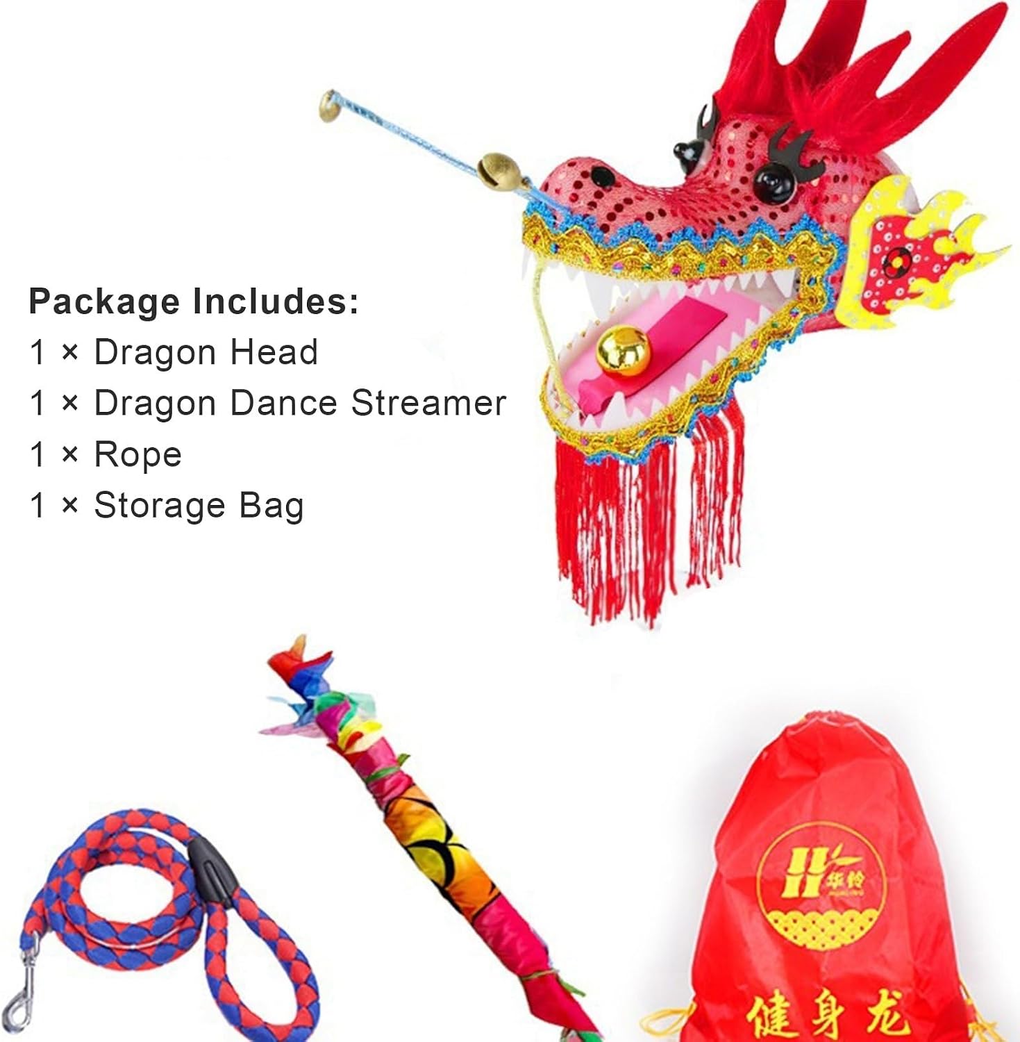 OVARIA Dragon Dance Fitness Ribbon 3D Dragon Head and Swing Rope Combo Chinese Wulong Flowy Ribbon Streamer Outdoor Fitness Dragon Stage Prop Set(Rainbow,33ft)