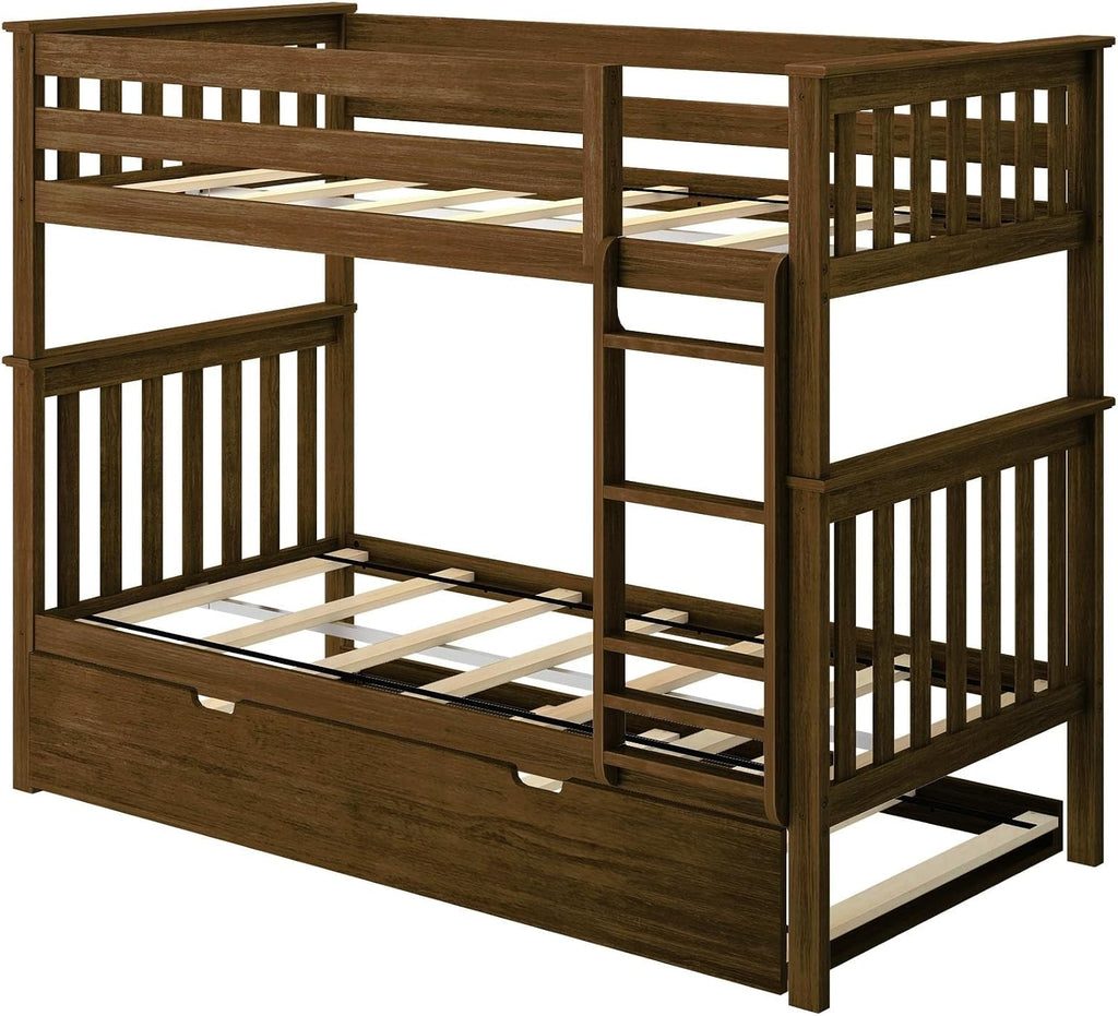 Max & Lily Bunk Bed, Twin-Over-Twin Bed Frame for Kids with Trundle, Walnut