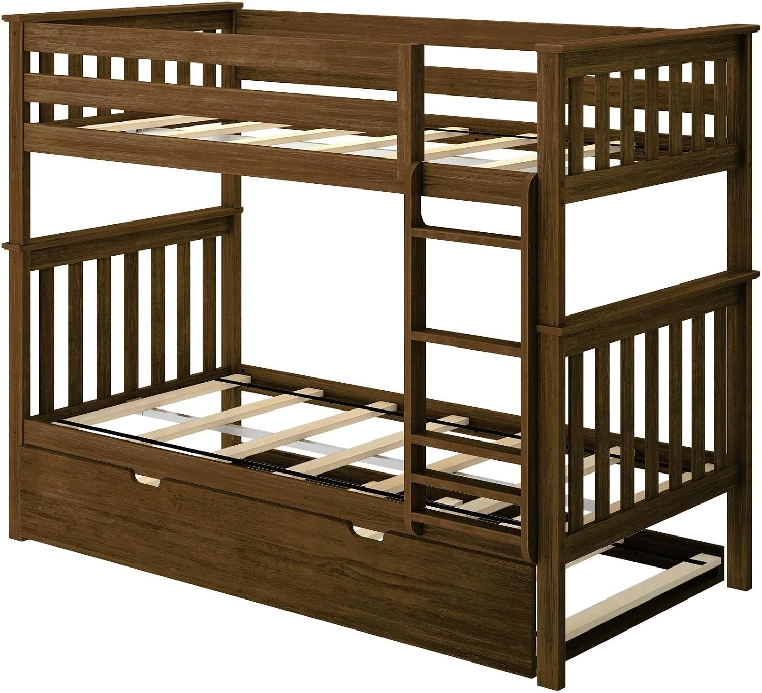 Max & Lily Bunk Bed, Twin-Over-Twin Bed Frame for Kids with Trundle, Walnut