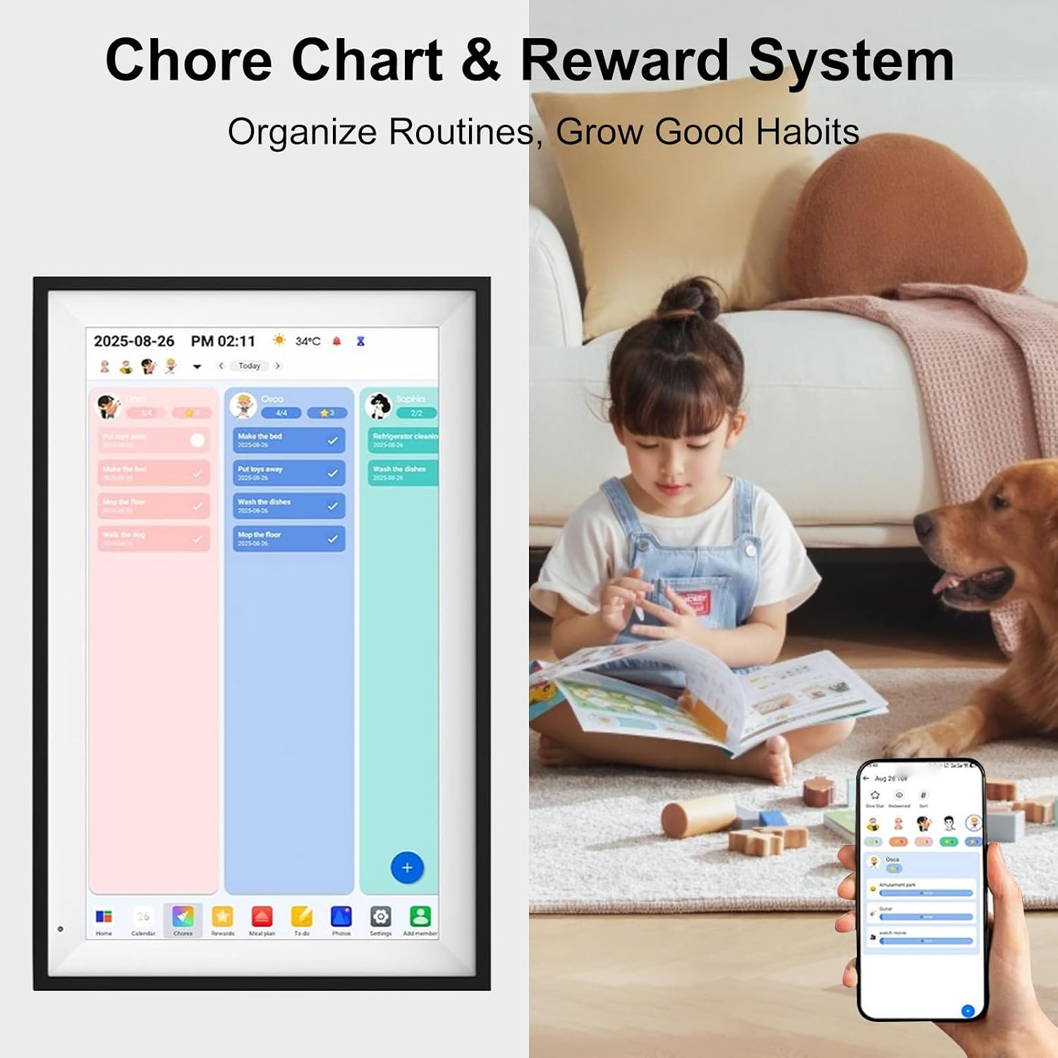 Diydeg 15.6 Inch Smart Calendar, Touchscreen Digital Calendar with 64GB Storage and FHD Screen, Wall Mounted Tabletop Electronic for Family Photos Chores Schedules (US Plug)