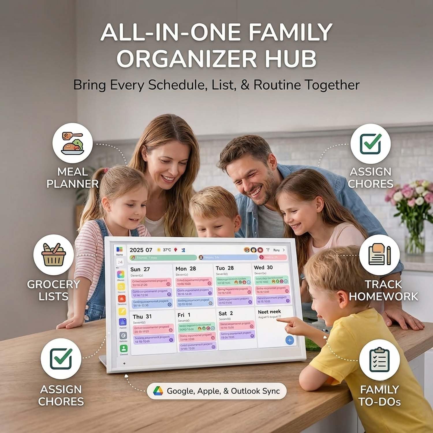 Digital Calendar Family Planner, 15.6', No Subscription | Sync Google, Apple & Outlook calendars with 64GB storage, 8-core CPU, IPS Touchscreen for wall or desk electronic calendar
