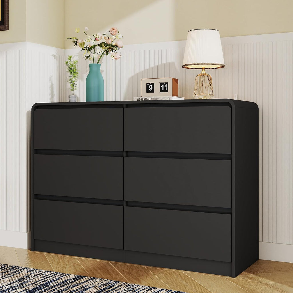 Black 6 Drawer Dresser for Bedroom,Modern Chest of Drawer with Curved Corner and No-Handle Design,Bedroom Storage Organizer Dresser for Closet,Hallway