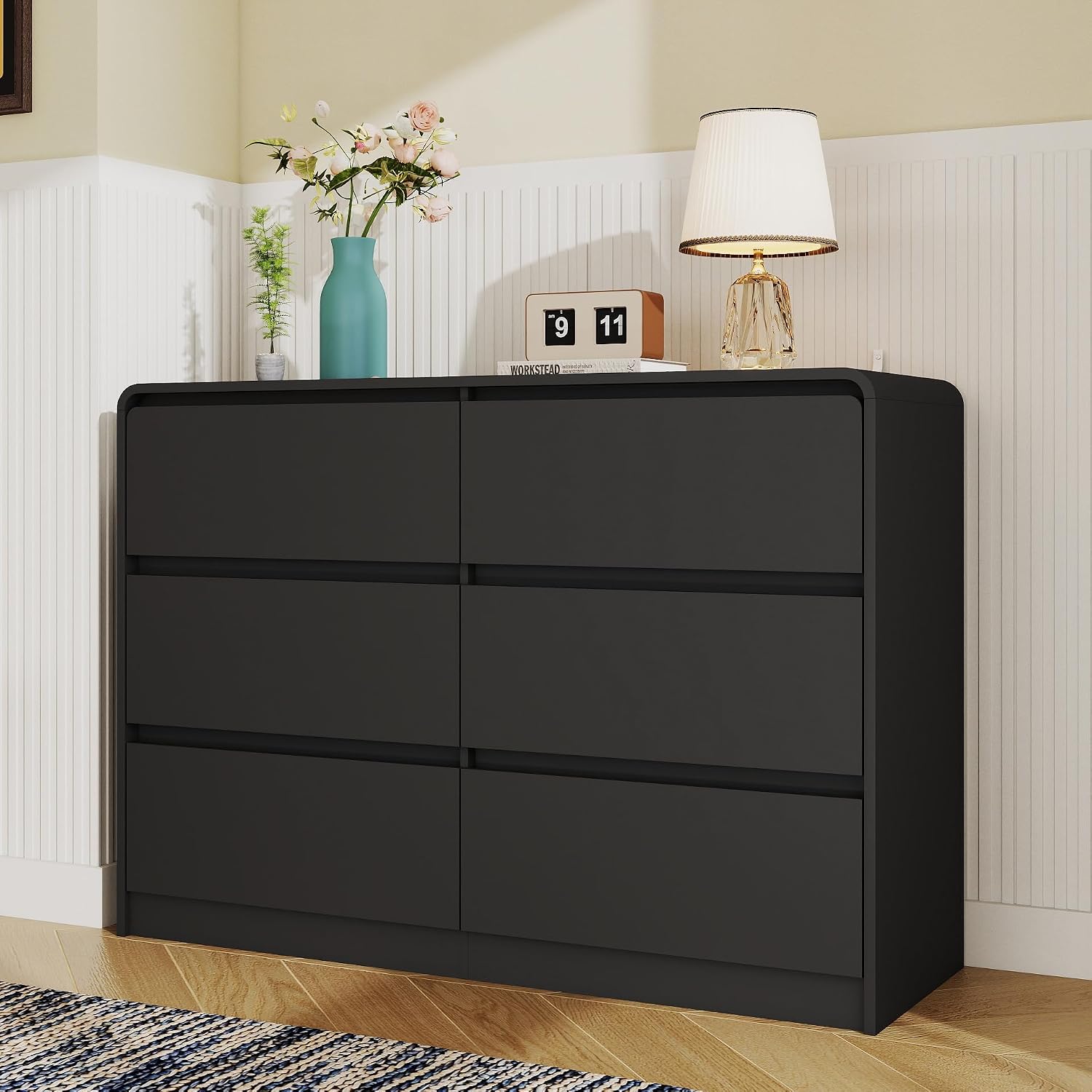 Black 6 Drawer Dresser for Bedroom,Modern Chest of Drawer with Curved Corner and No-Handle Design,Bedroom Storage Organizer Dresser for Closet,Hallway