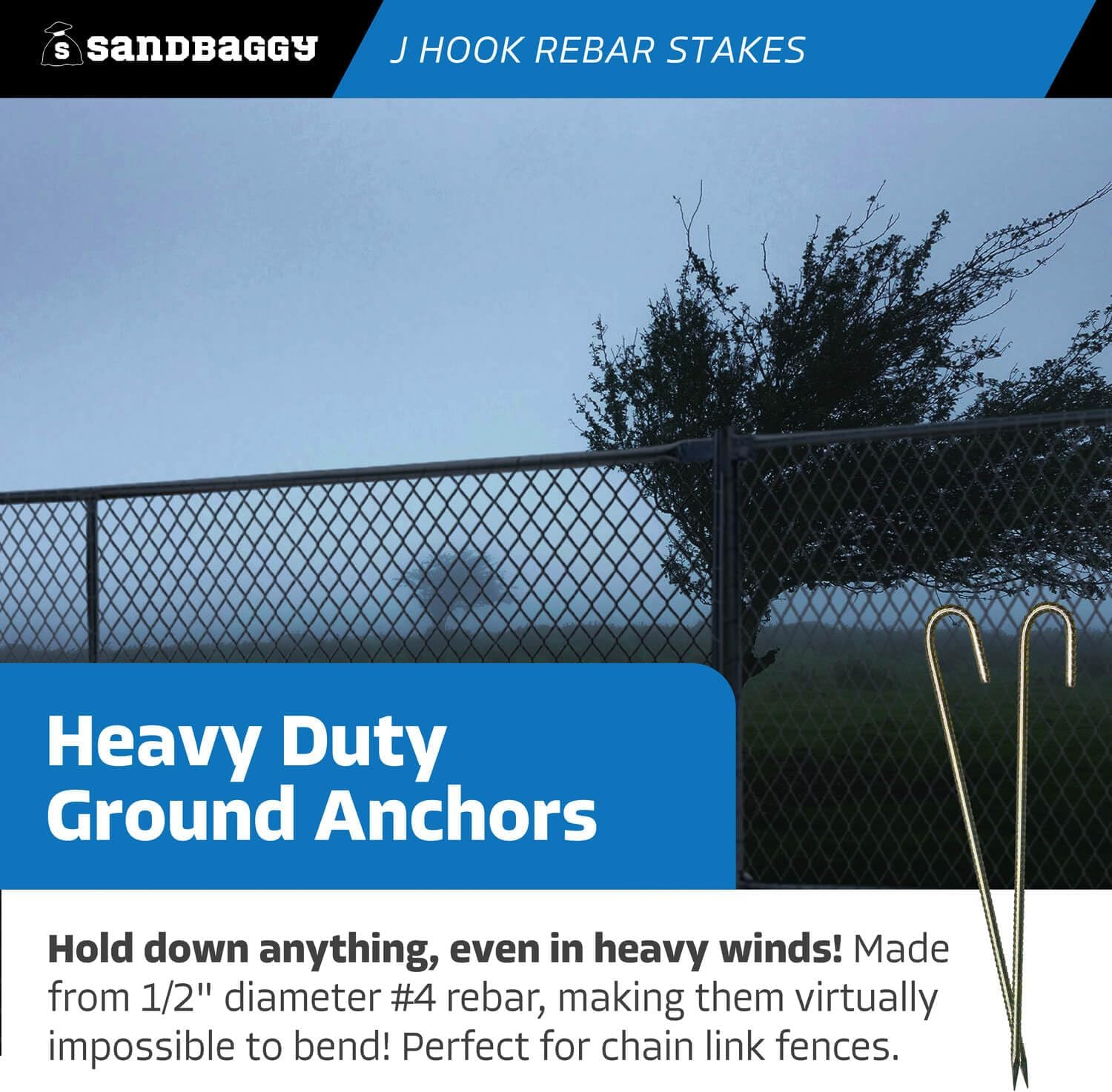 Sandbaggy 24' J Hook Rebar Stakes - 1/2' Diameter (#4 Rebar) - Ground Anchors for Tents, Gardens, Fences, Holiday & Christmas Decorations - Galvanized Steel (J-Shape - 24', 20, Count)
