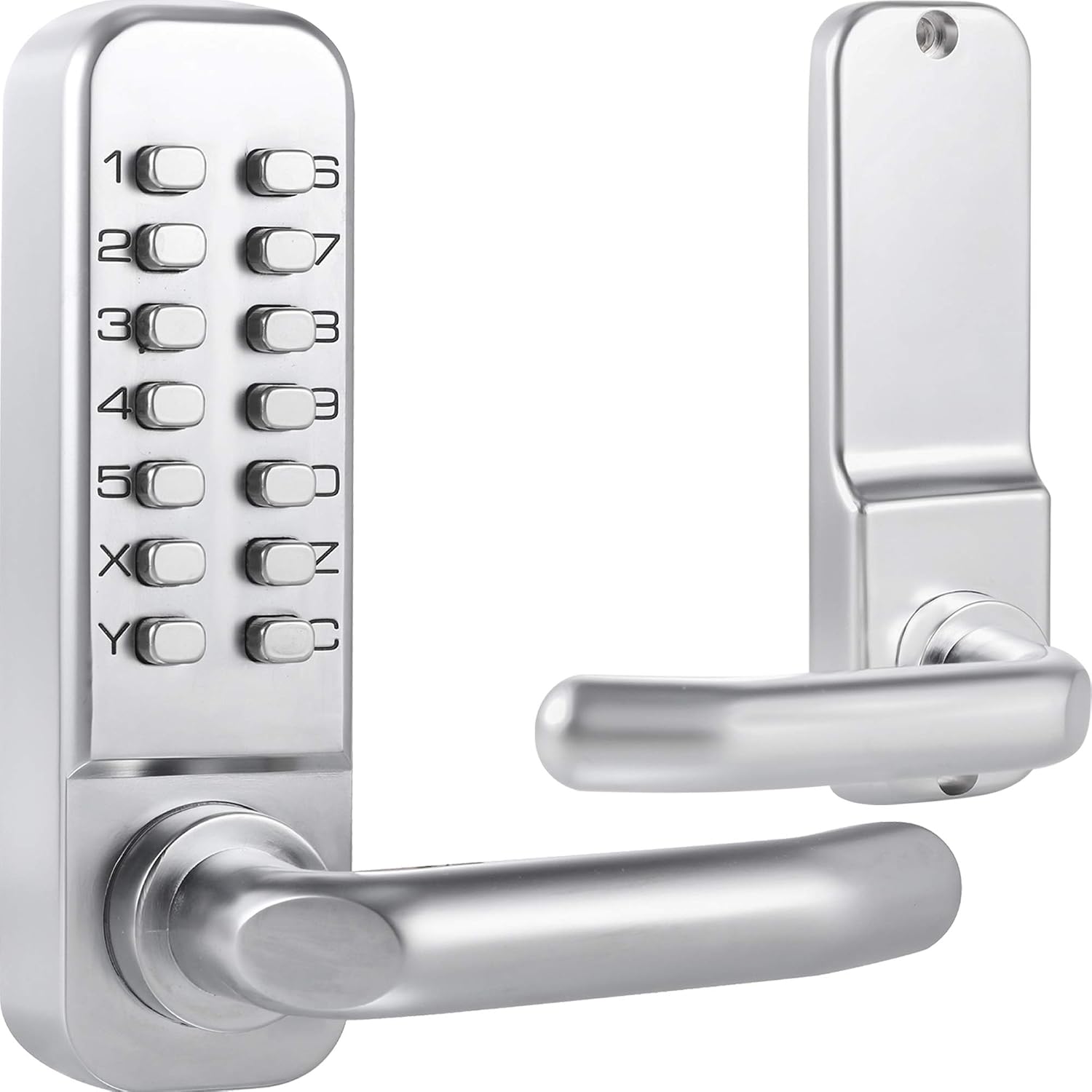 MX400 14 Digit Keypad Mechanical Door Lock Lever Set - 60mm Latch for Residential Gates or Doors - Fits Standard 2 1/8' USA Door Holes - Not a Deadbolt Satin Chrome